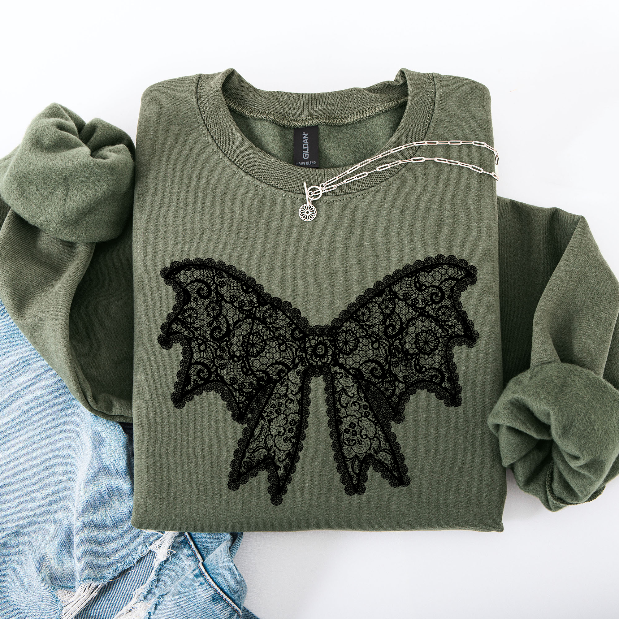 Lace Bow Halloween Goth Faux Lace Ribbon Coquette Ornate Embroidered Detail Sweatshirt