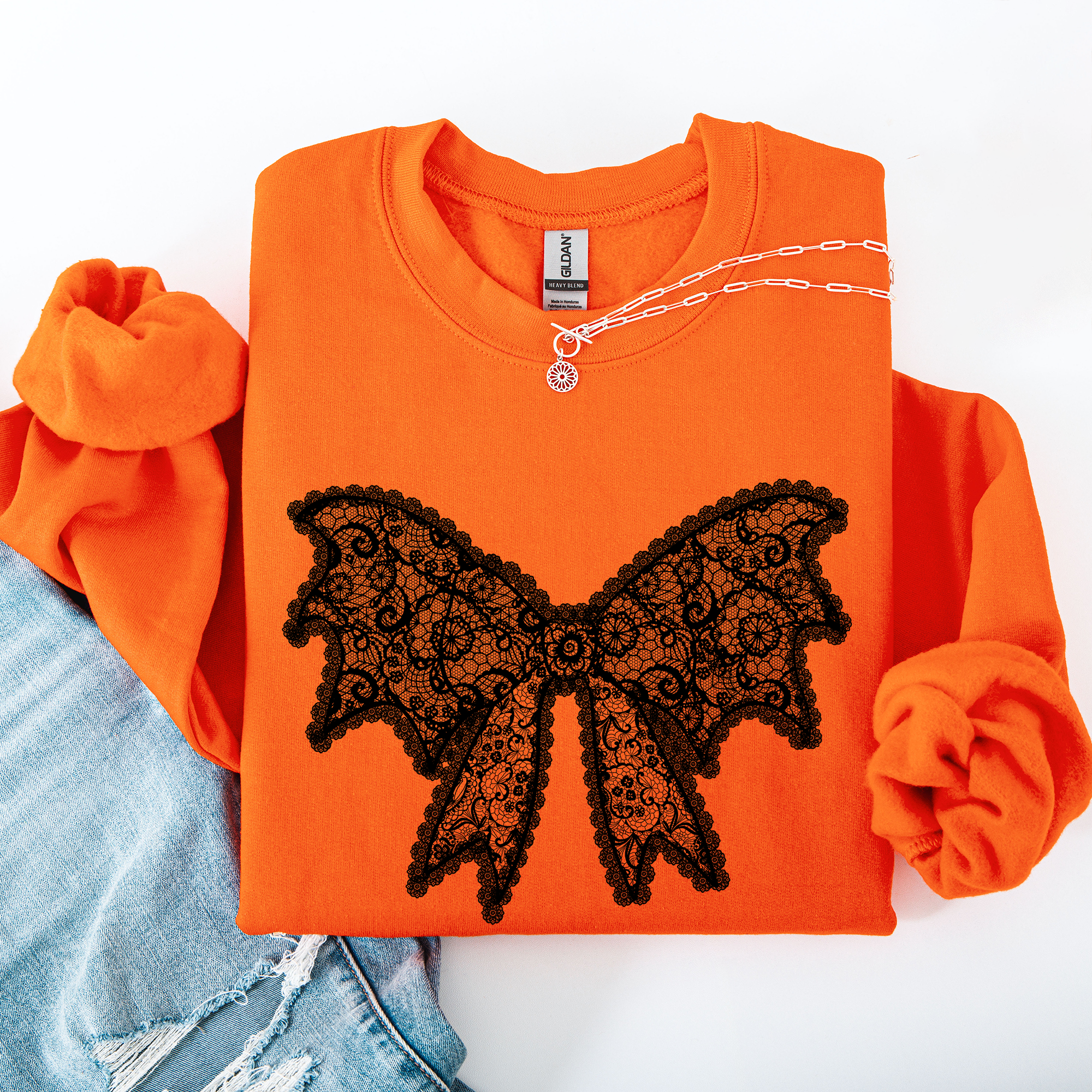 Lace Bow Halloween Goth Faux Lace Ribbon Coquette Ornate Embroidered Detail Sweatshirt