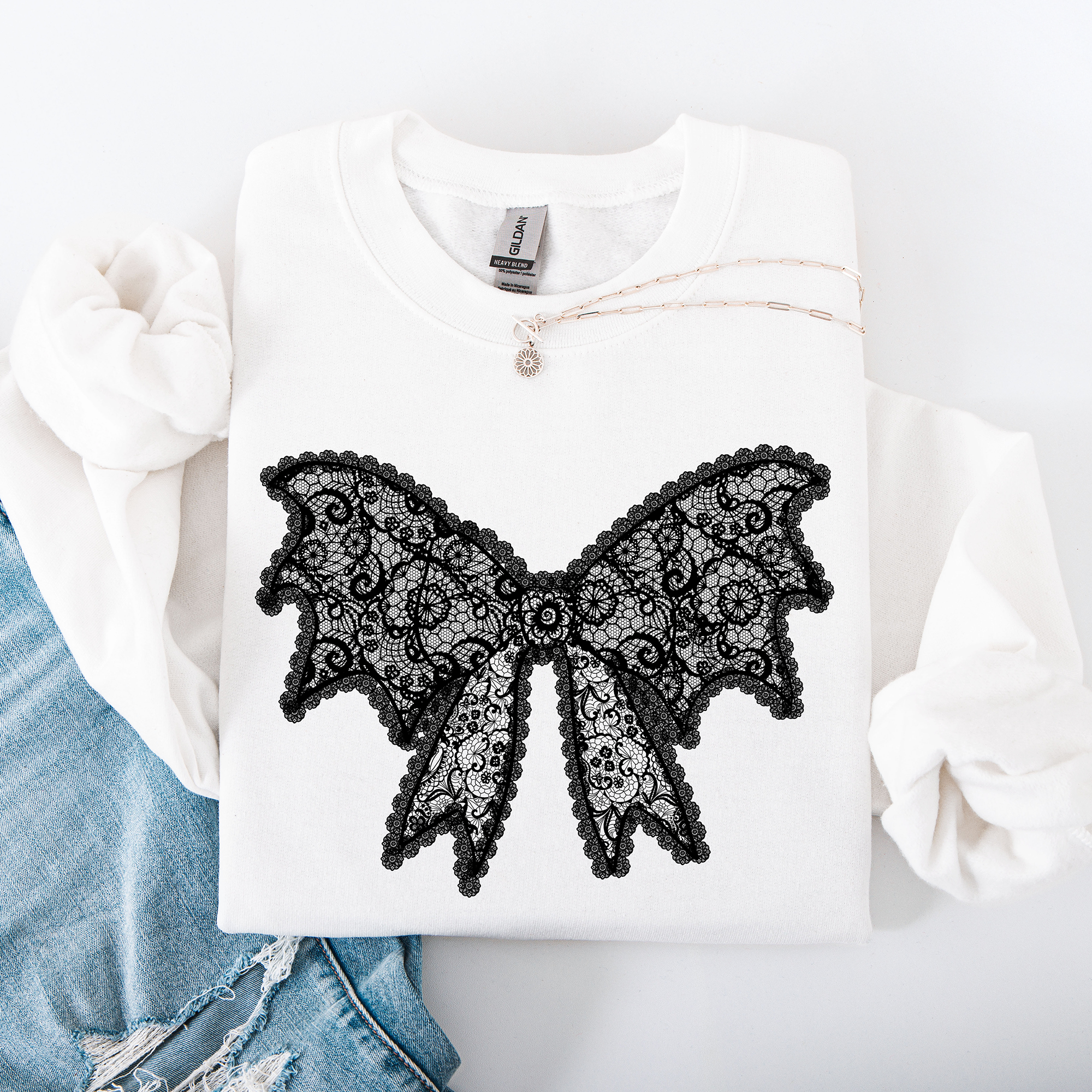 Lace Bow Halloween Goth Faux Lace Ribbon Coquette Ornate Embroidered Detail Sweatshirt