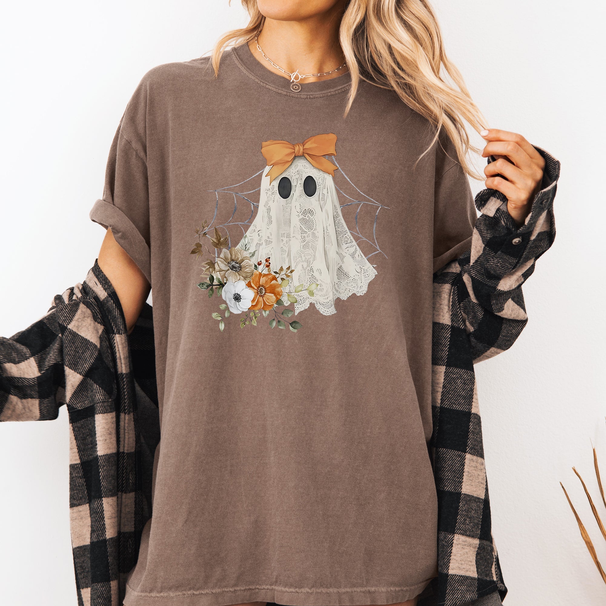 Lace Ghost Halloween Girly Spooky Coquette Orange Bow Ribbon Flowers Spider Web Comfort Colors Tee