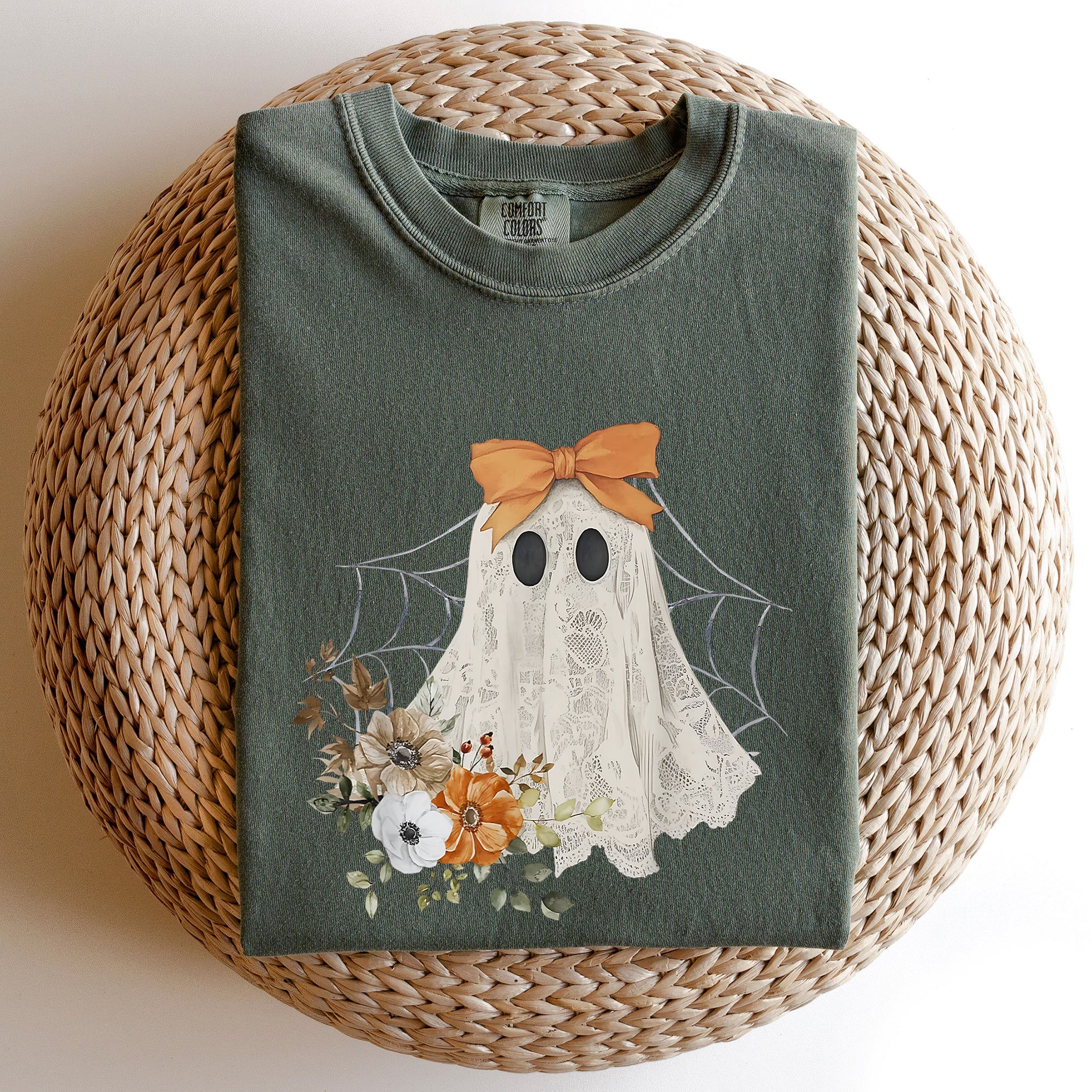 Lace Ghost Halloween Girly Spooky Coquette Orange Bow Ribbon Flowers Spider Web Comfort Colors Tee