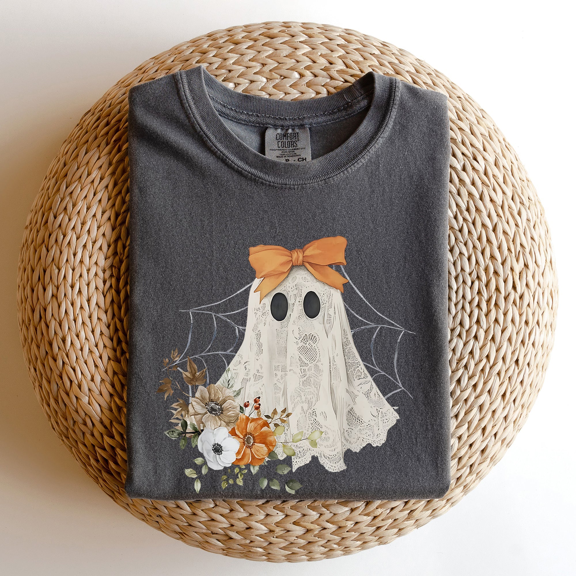 Lace Ghost Halloween Girly Spooky Coquette Orange Bow Ribbon Flowers Spider Web Comfort Colors Tee
