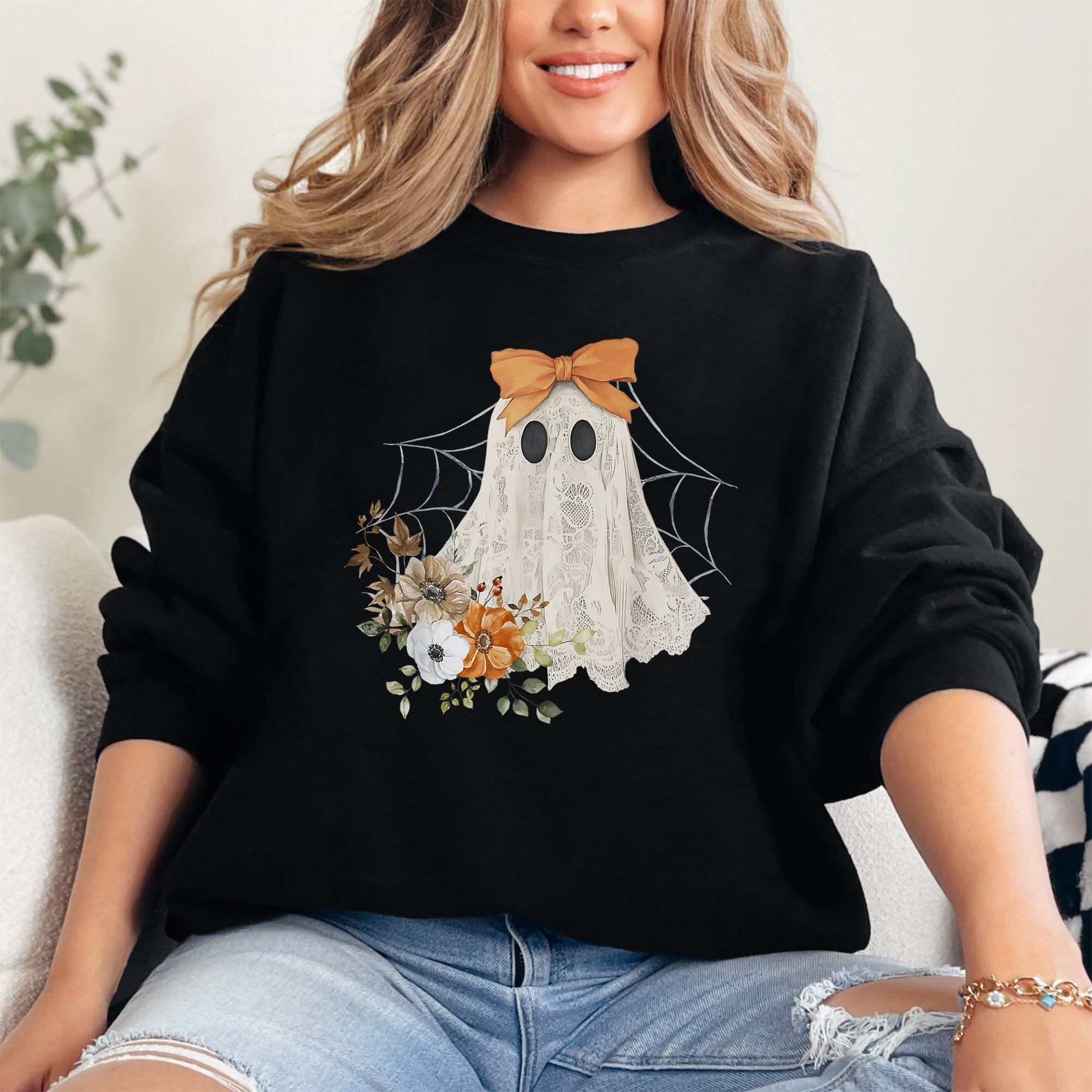 Lace Ghost Halloween Girly Spooky Coquette Lacey Ghost Orange Bow Ribbon Flowers Spider Web Sweatshirt