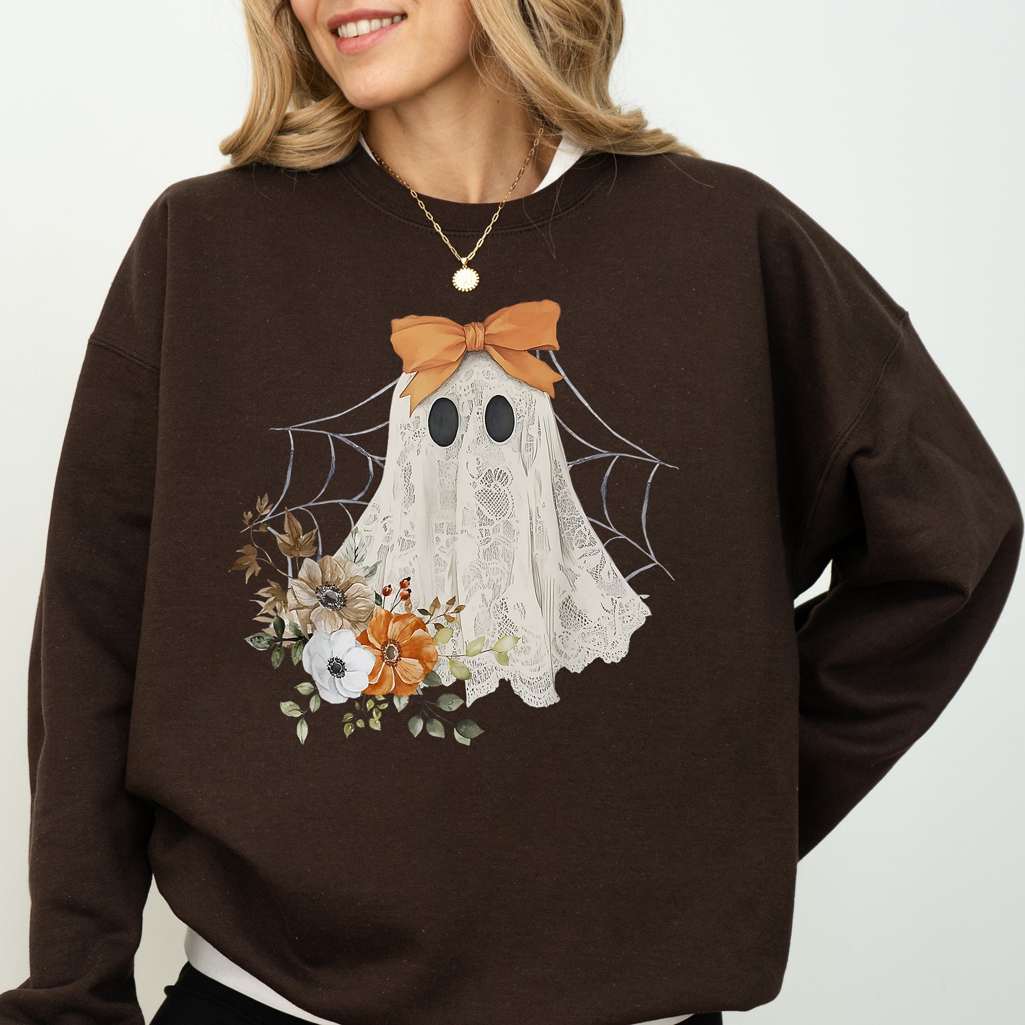 Lace Ghost Halloween Girly Spooky Coquette Lacey Ghost Orange Bow Ribbon Flowers Spider Web Sweatshirt