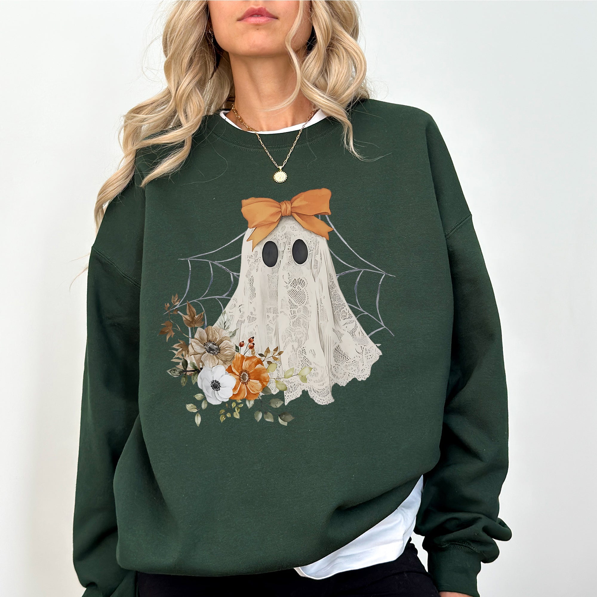 Lace Ghost Halloween Girly Spooky Coquette Lacey Ghost Orange Bow Ribbon Flowers Spider Web Sweatshirt