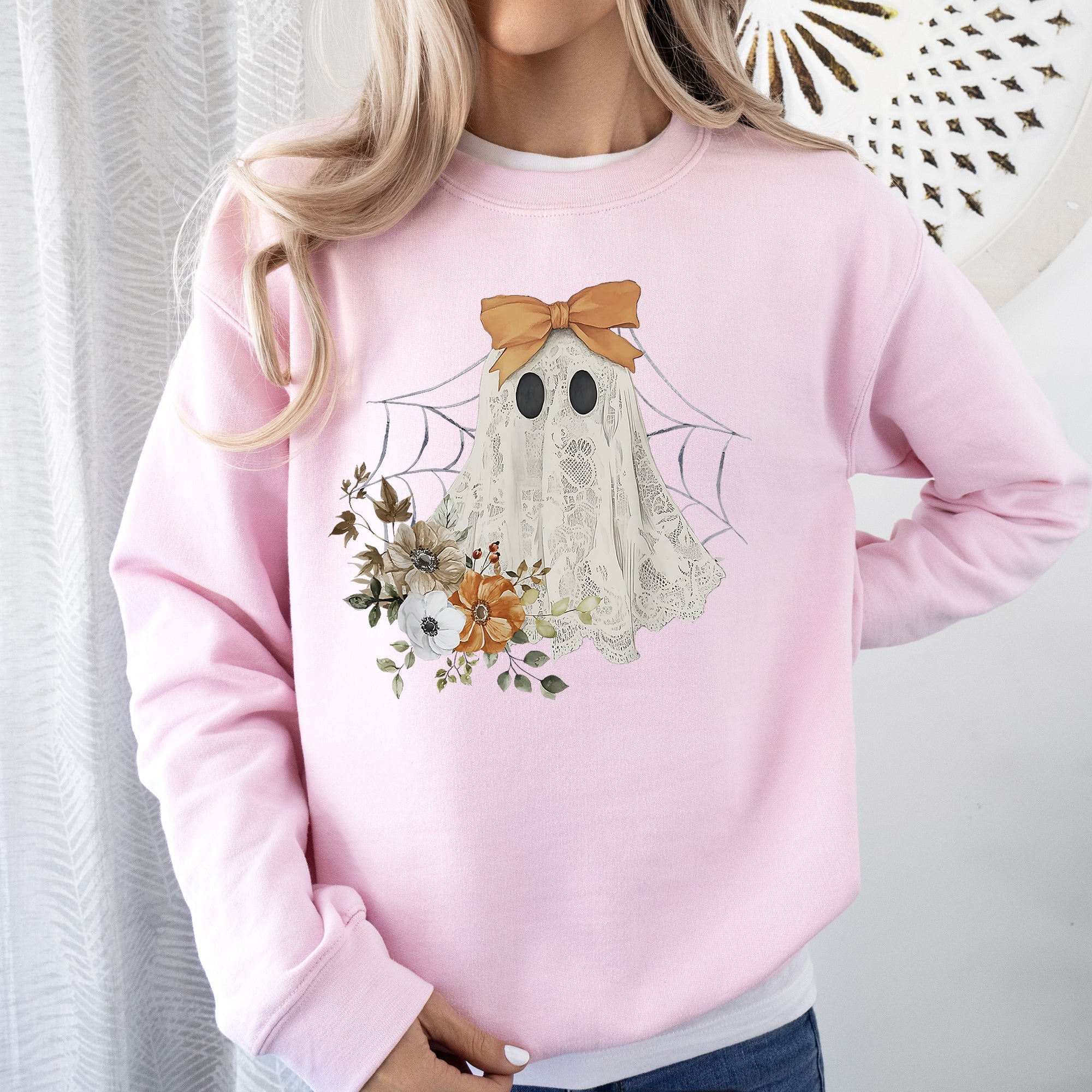 Lace Ghost Halloween Girly Spooky Coquette Lacey Ghost Orange Bow Ribbon Flowers Spider Web Sweatshirt