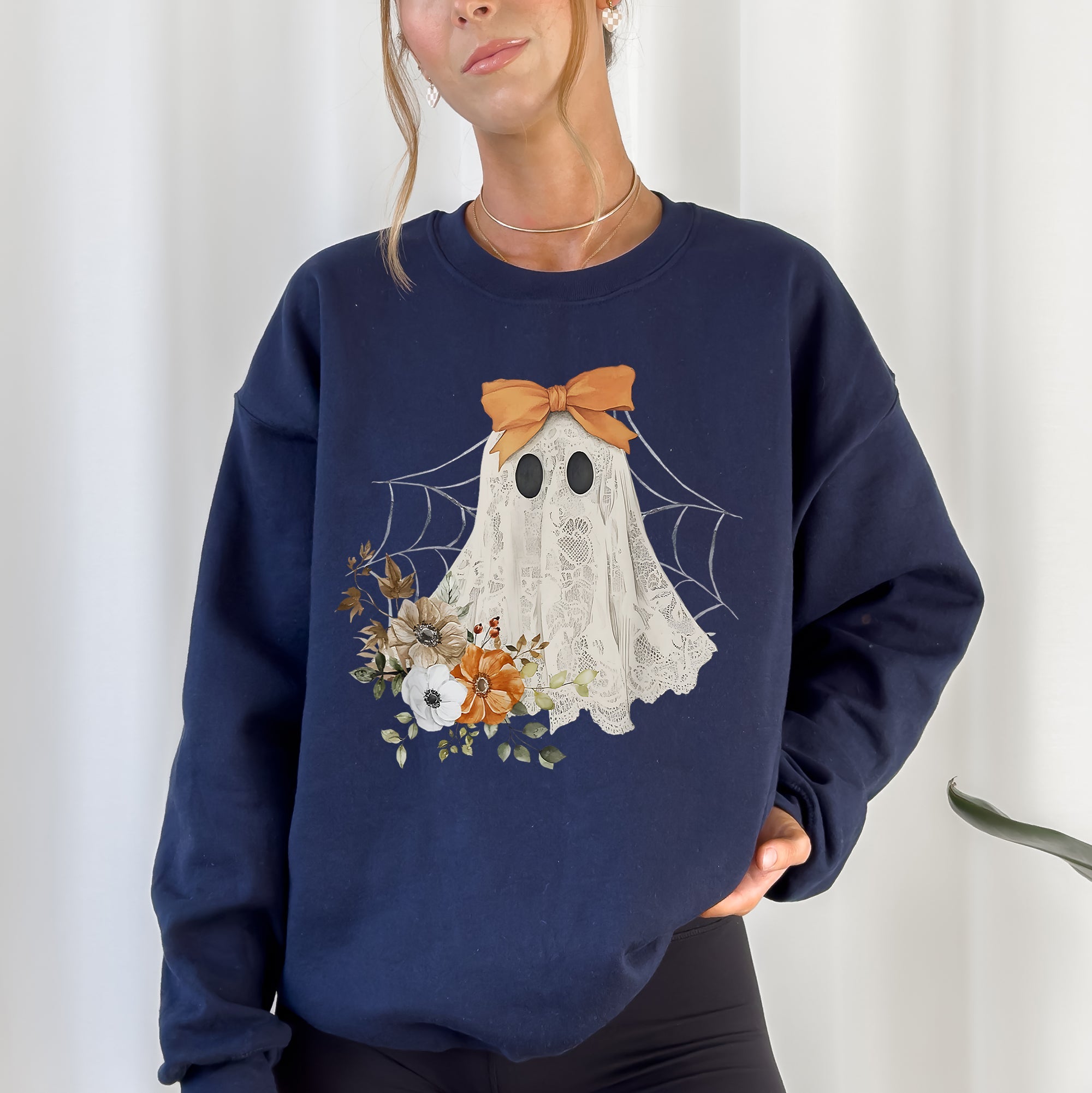 Lace Ghost Halloween Girly Spooky Coquette Lacey Ghost Orange Bow Ribbon Flowers Spider Web Sweatshirt