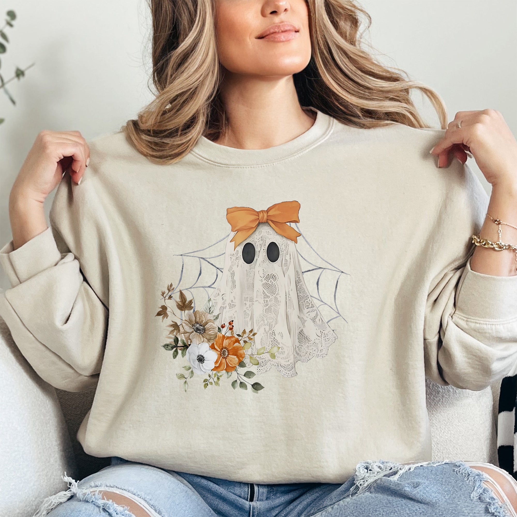 Lace Ghost Halloween Girly Spooky Coquette Lacey Ghost Orange Bow Ribbon Flowers Spider Web Sweatshirt
