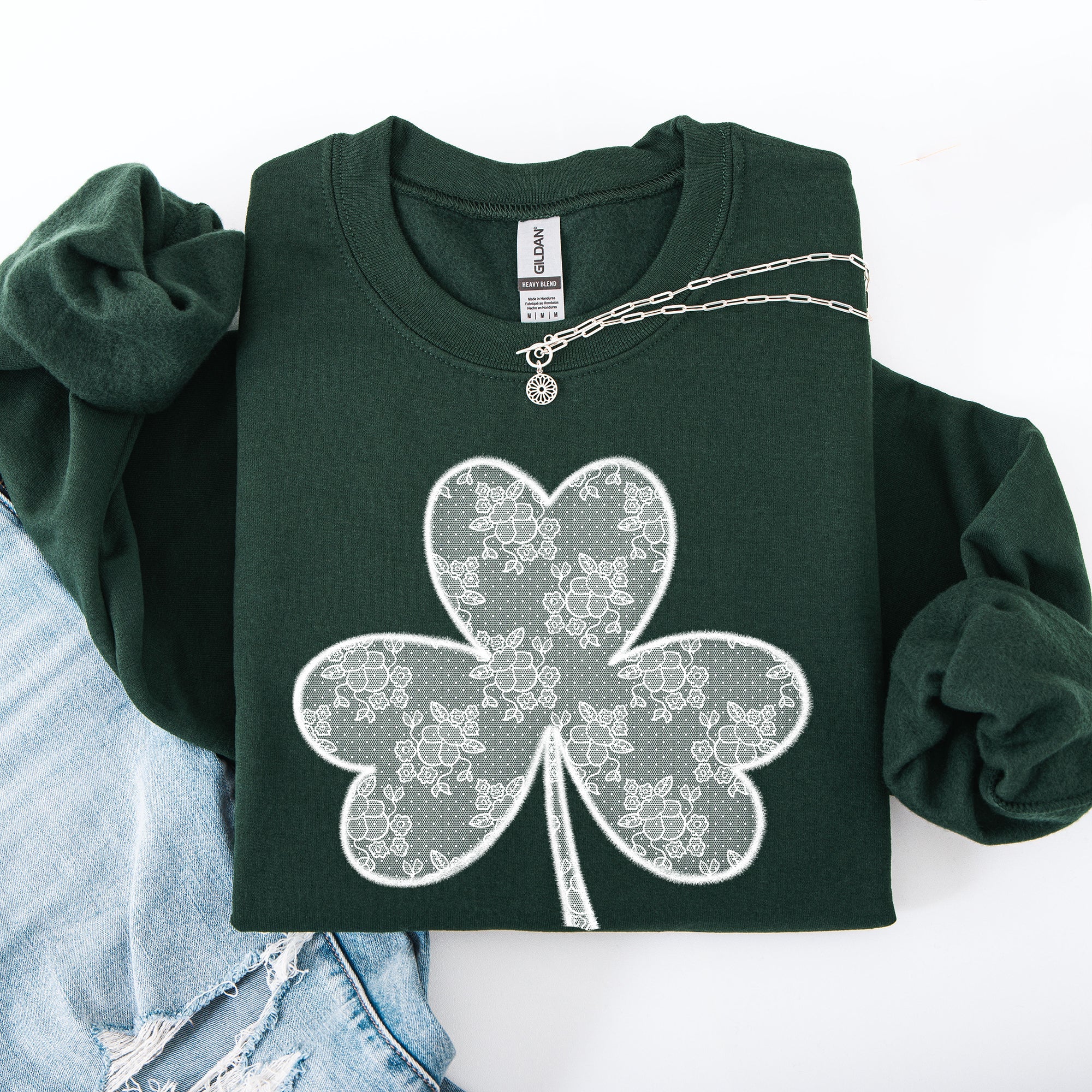 Lace Coquette Shamrock St Patrick's Day Clover Lucky Leprechaun Festive Sweatshirt