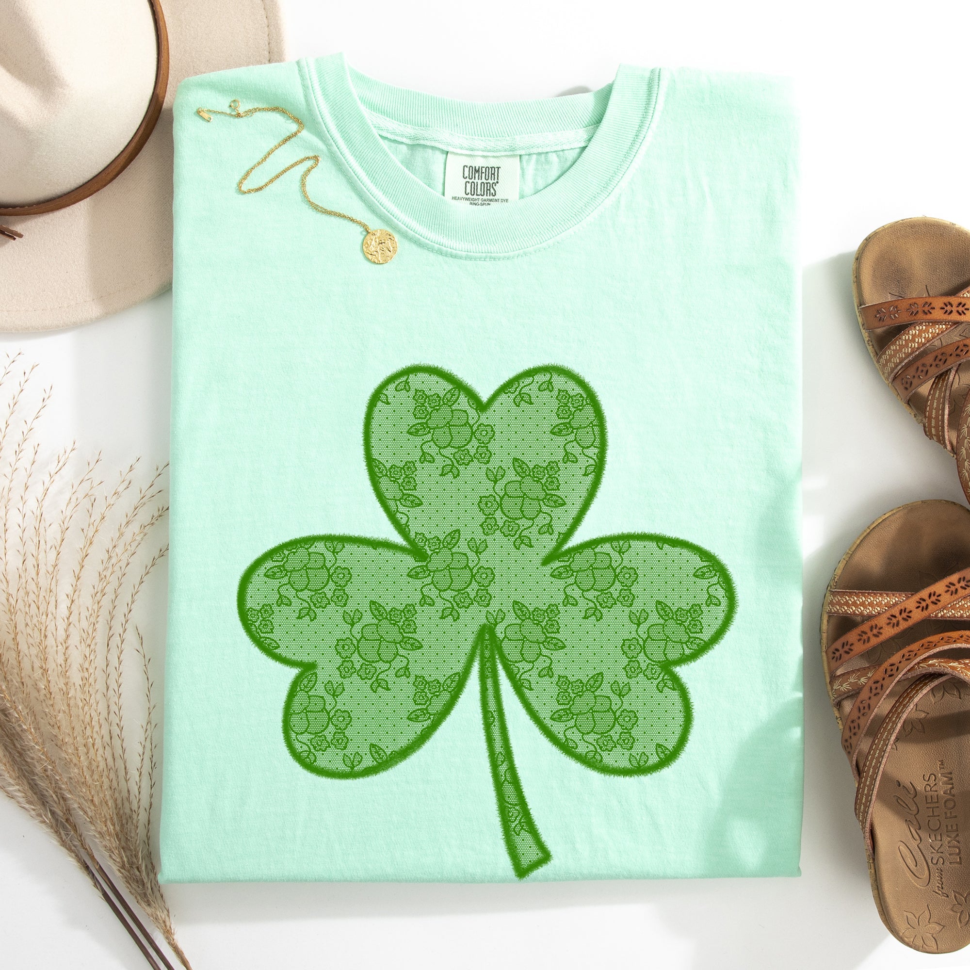 Lace Coquette Shamrock Clover Leprechaun St Patrick's Day Irish Luck Comfort Colors Tee