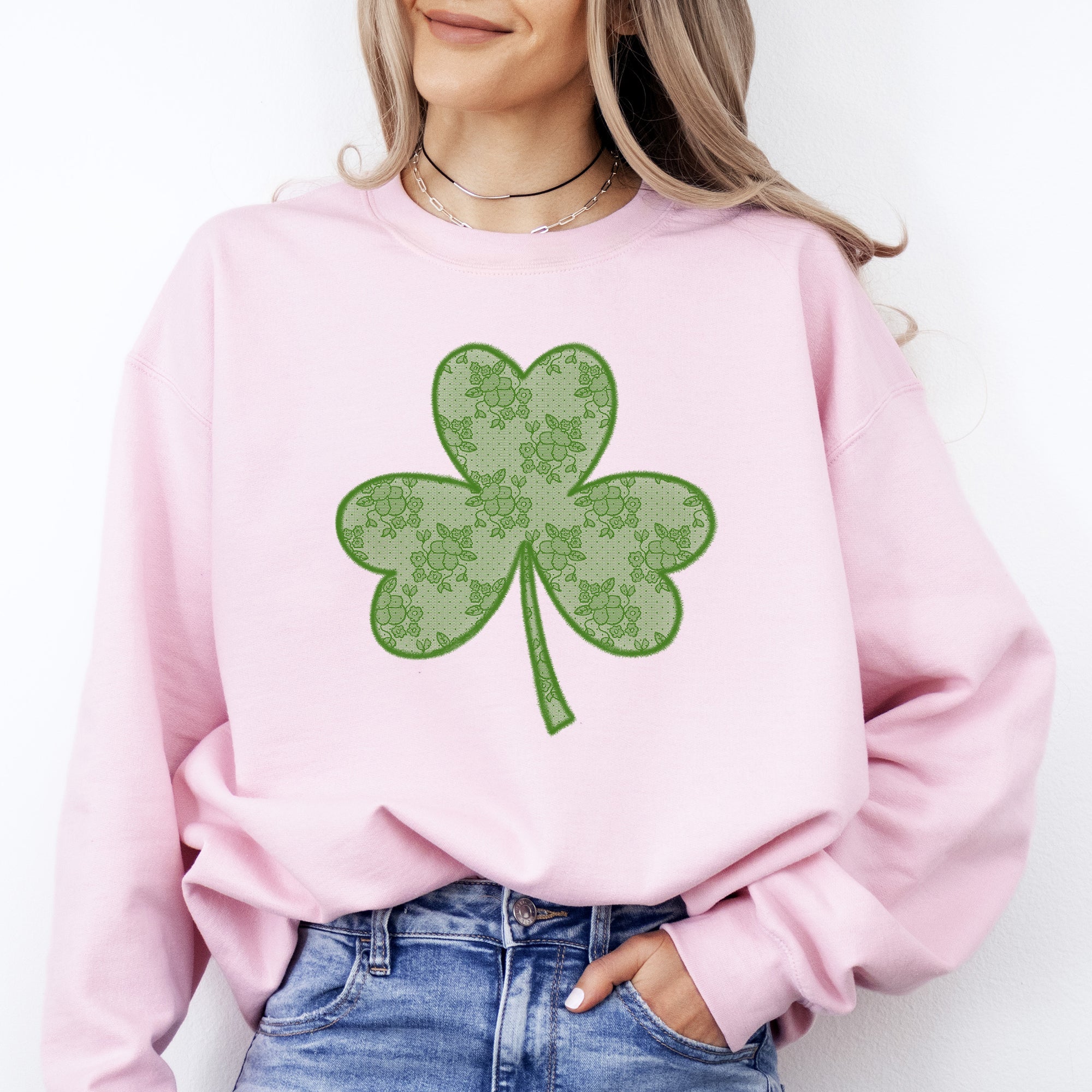 Lace Coquette Shamrock St Patrick's Day Clover Lucky Leprechaun Festive Sweatshirt