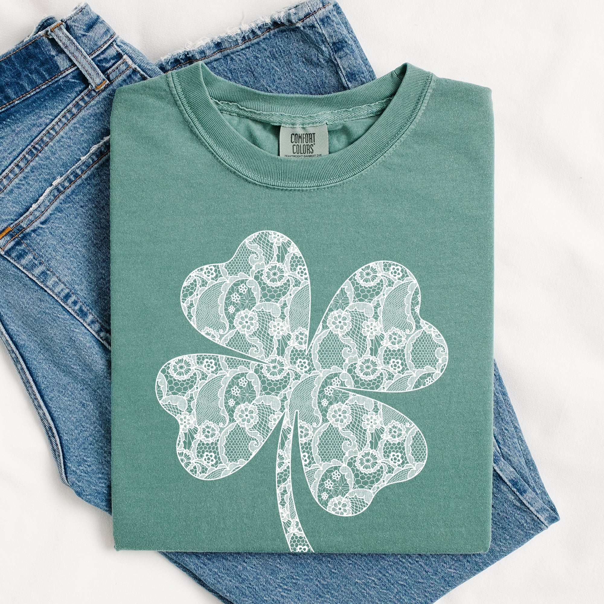 Lace Coquette Shamrock Clover Lucky Leprechaun St Patrick's Day Comfort Colors Tee