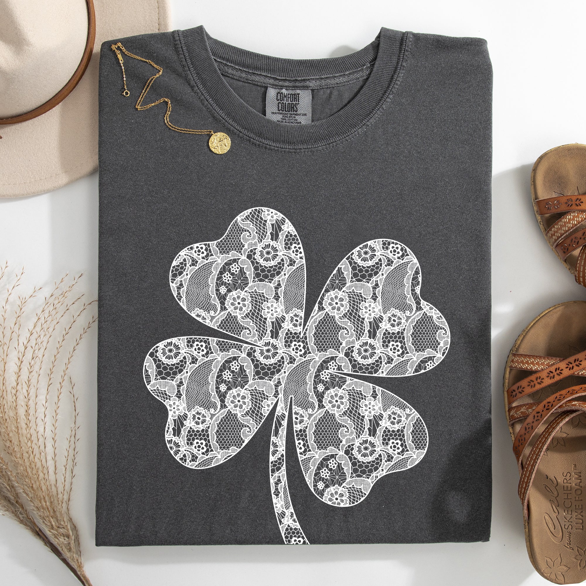 Lace Coquette Shamrock Clover Lucky Leprechaun St Patrick's Day Comfort Colors Tee