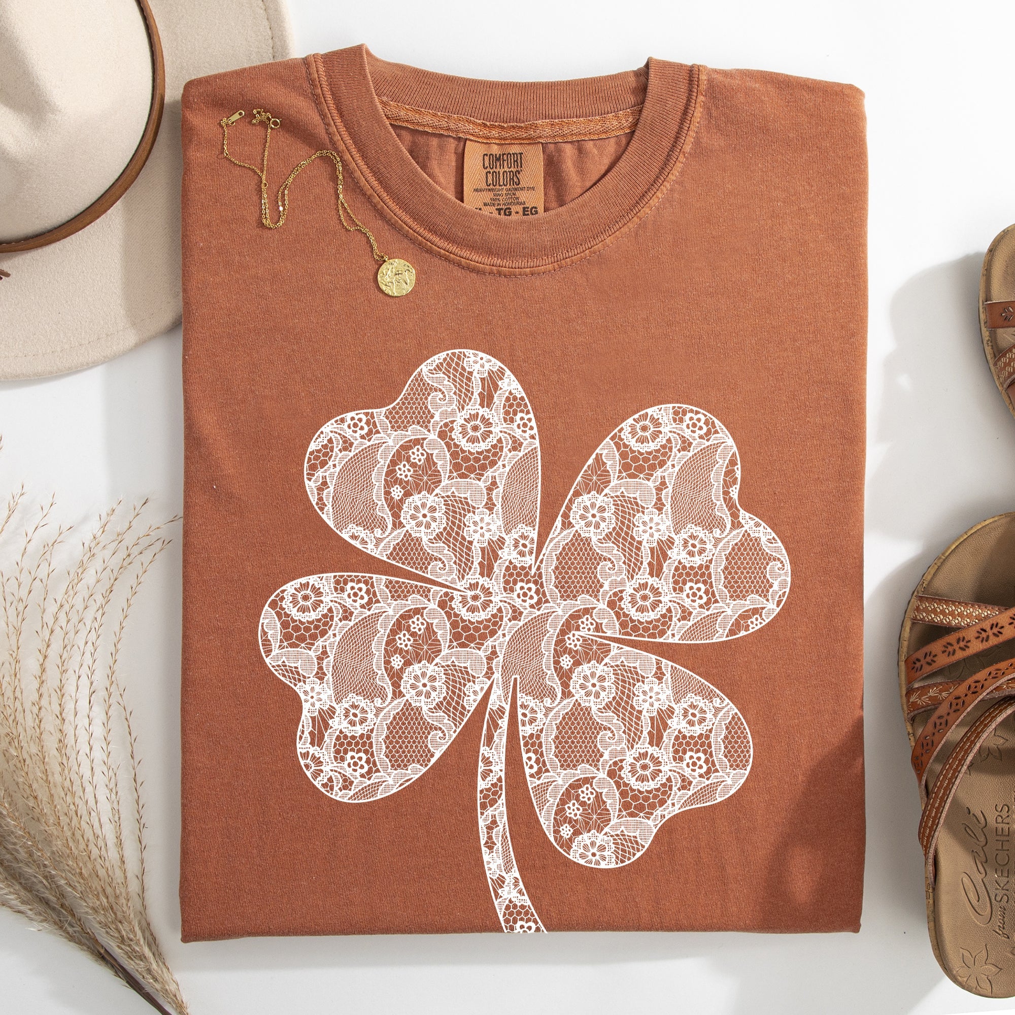 Lace Coquette Shamrock Clover Lucky Leprechaun St Patrick's Day Comfort Colors Tee