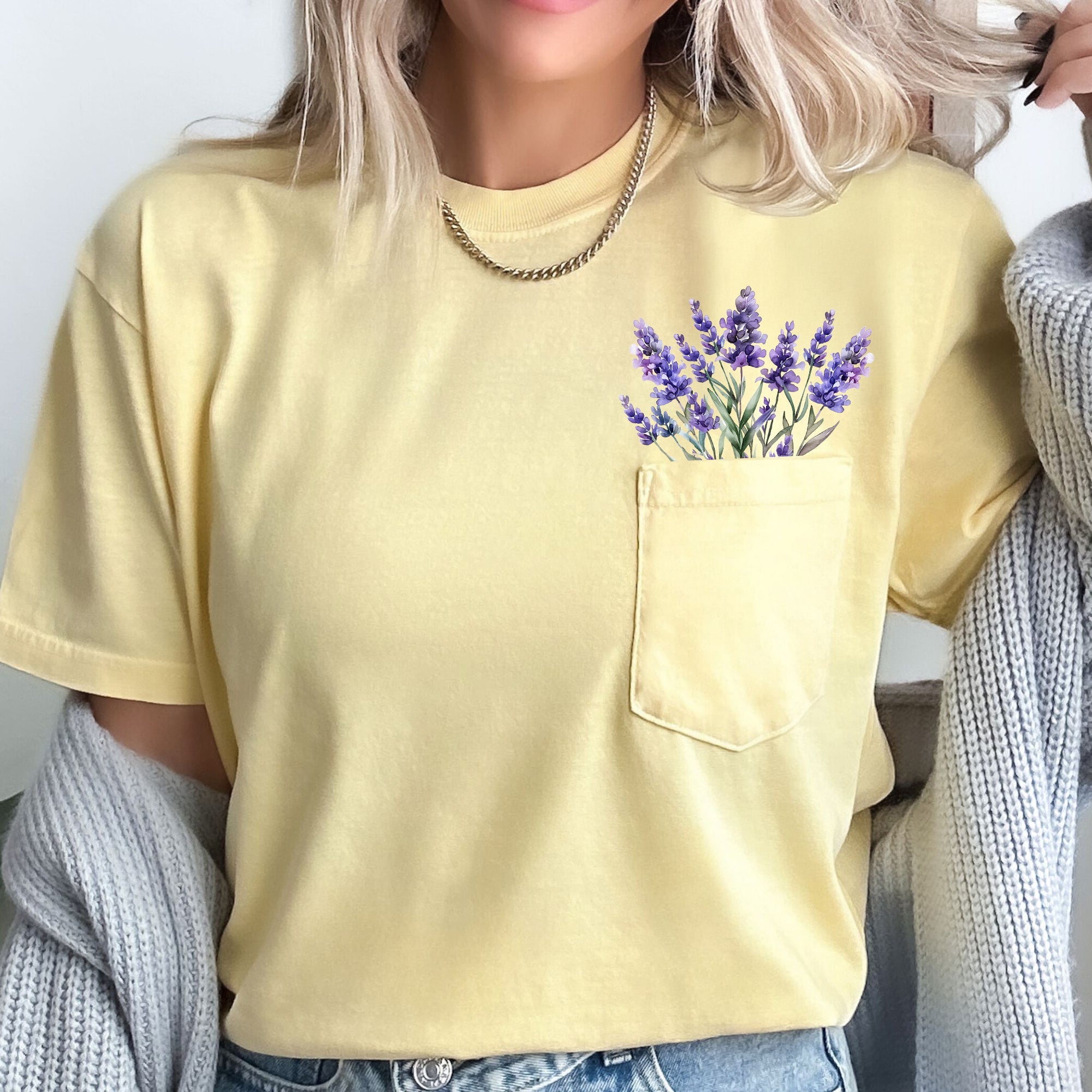 Lavender Floral Pocket Vintage Botanical Garden Print Edition Comfort Colors Tee
