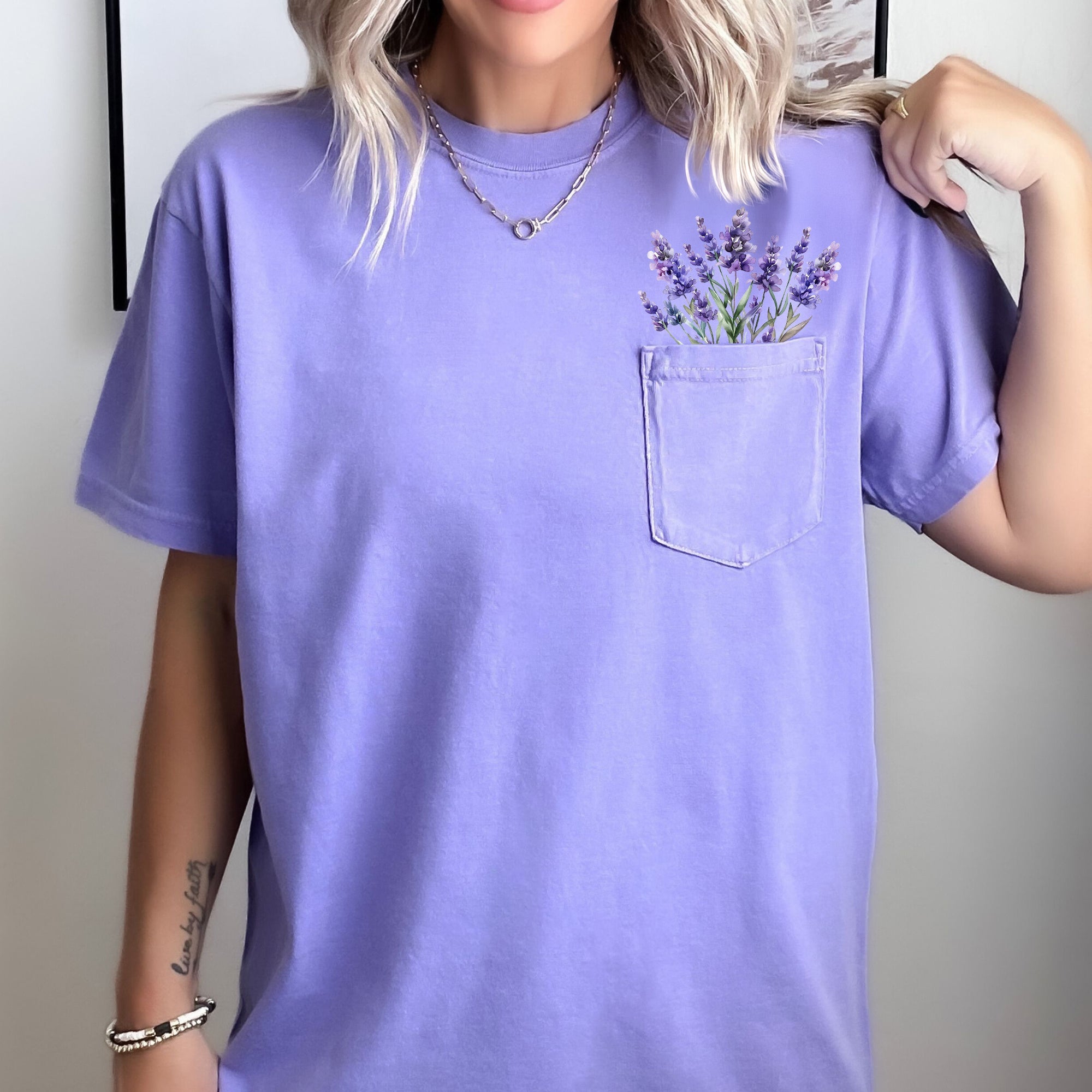 Lavender Floral Pocket Vintage Botanical Garden Print Edition Comfort Colors Tee