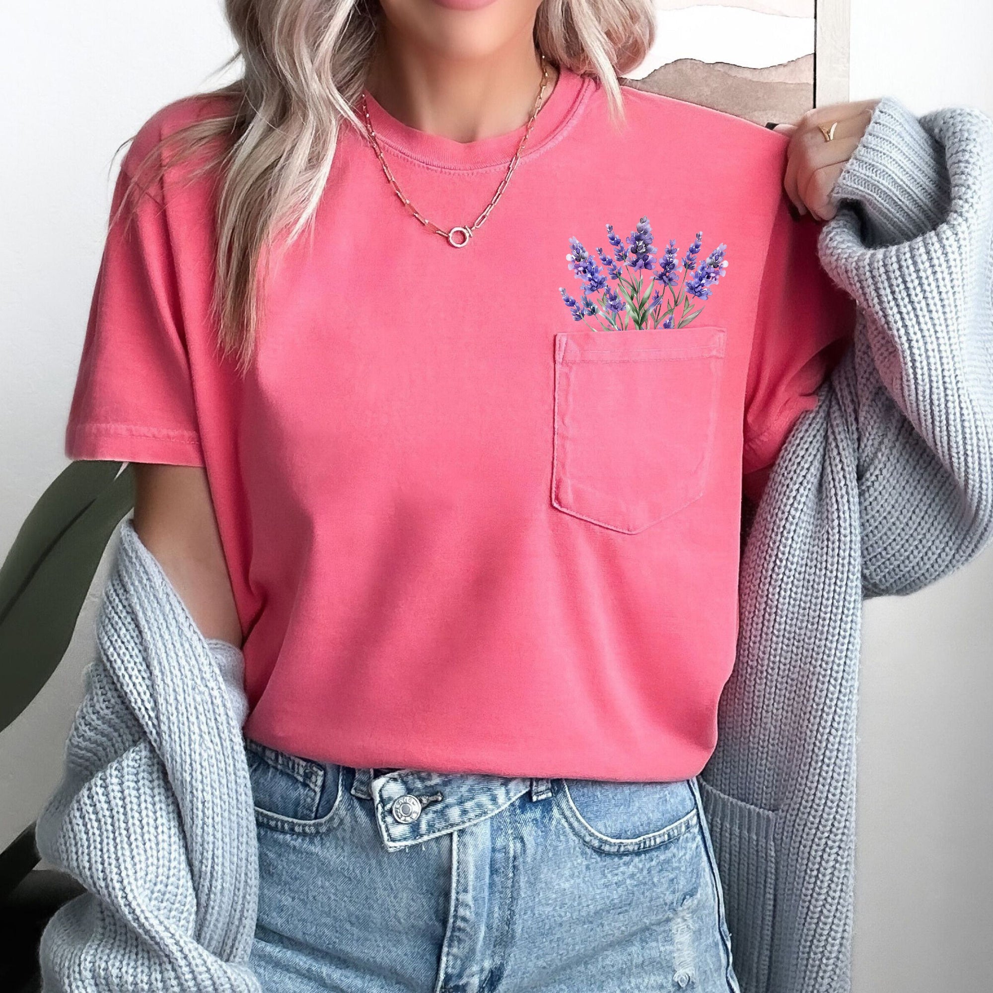 Lavender Floral Pocket Vintage Botanical Garden Print Edition Comfort Colors Tee