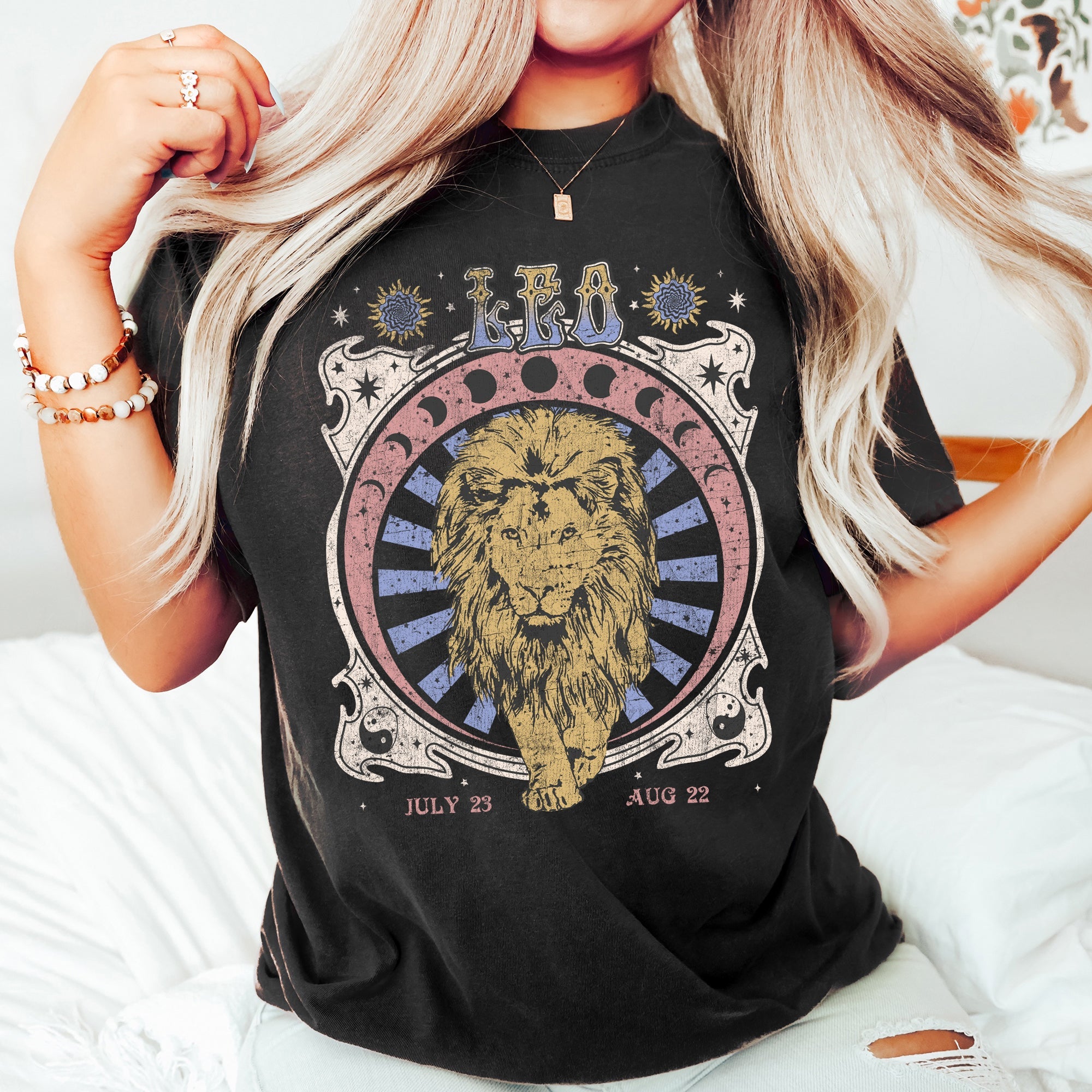 Leo Zodiac Horoscope Astrology Cosmic Mystic Nights Edition Vintage Inspired Exclusive Collection Comfort Colors Tee