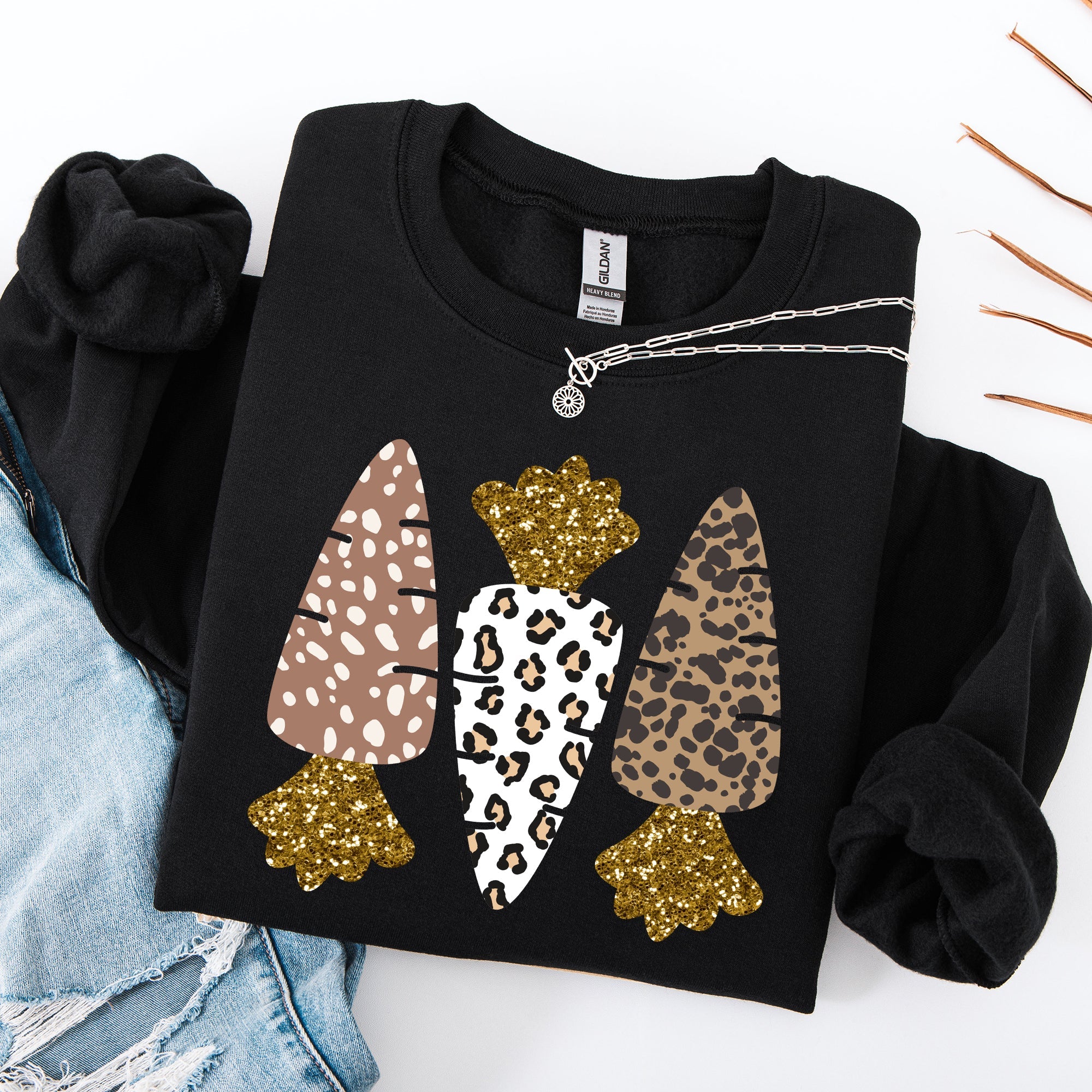 Leopard Print Carrots Easter Bunny Jesus Rabbit Holiday Themed Graphic Sweatshirt