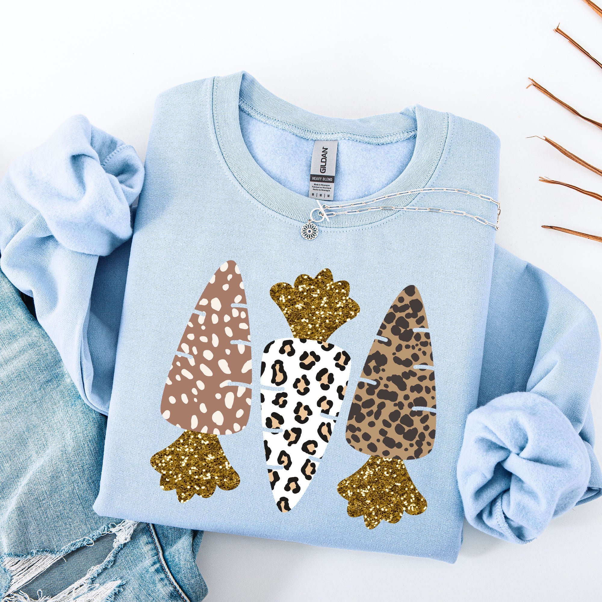 Leopard Print Carrots Easter Bunny Jesus Rabbit Holiday Themed Graphic Sweatshirt