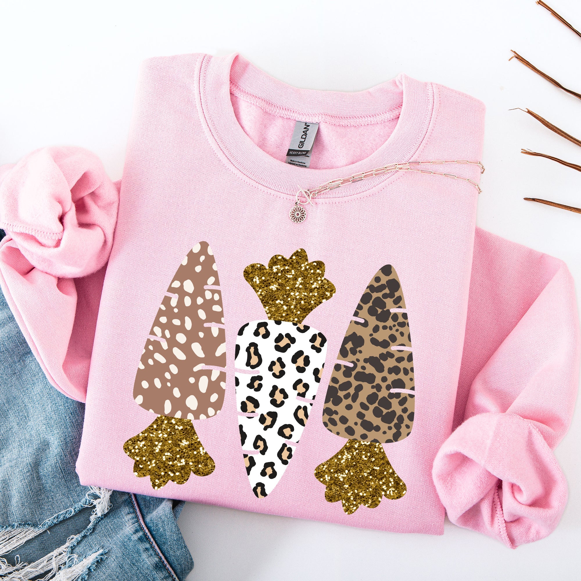 Leopard Print Carrots Easter Bunny Jesus Rabbit Holiday Themed Graphic Sweatshirt