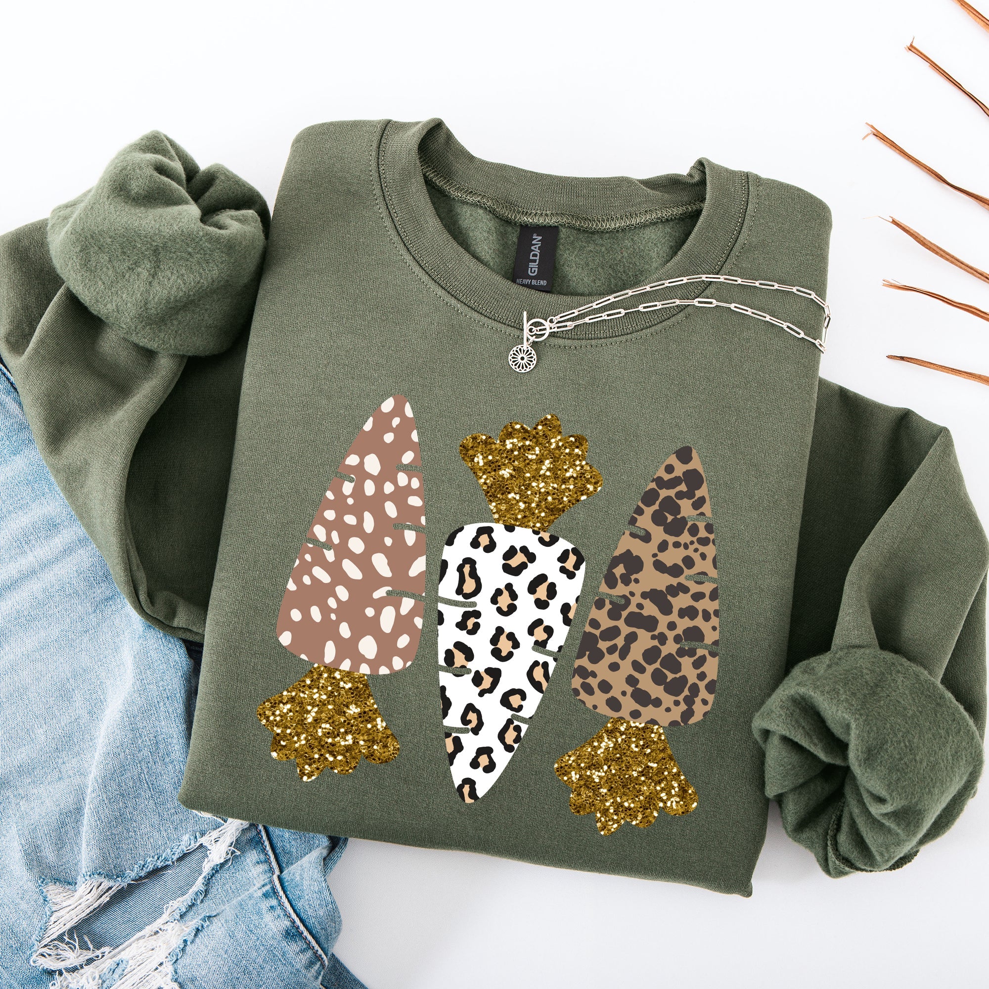 Leopard Print Carrots Easter Bunny Jesus Rabbit Holiday Themed Graphic Sweatshirt