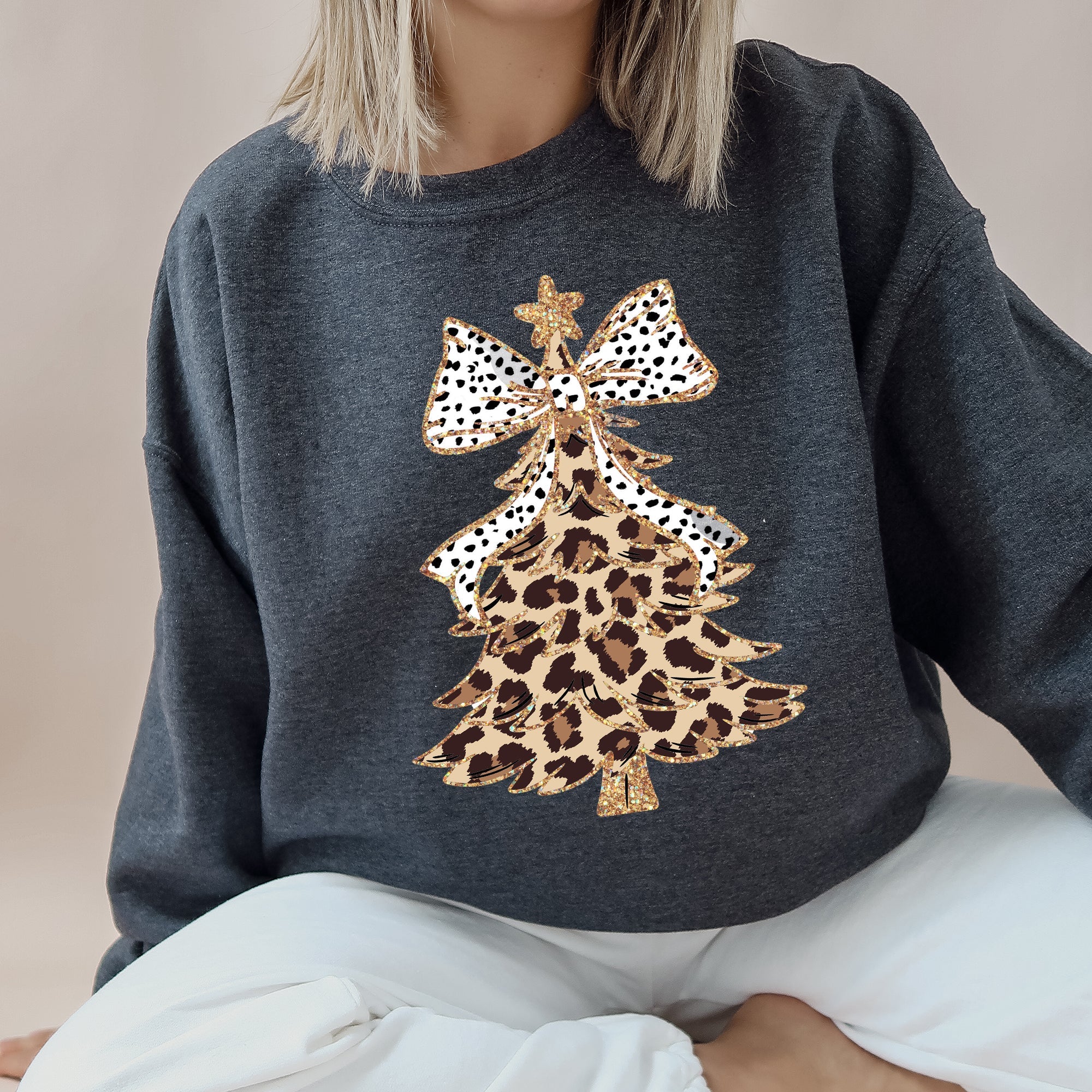 Leopard Print Christmas Tree Santa Dalmatian Bow Cute Girly Festive Cozy Seasonal Sweatshirt