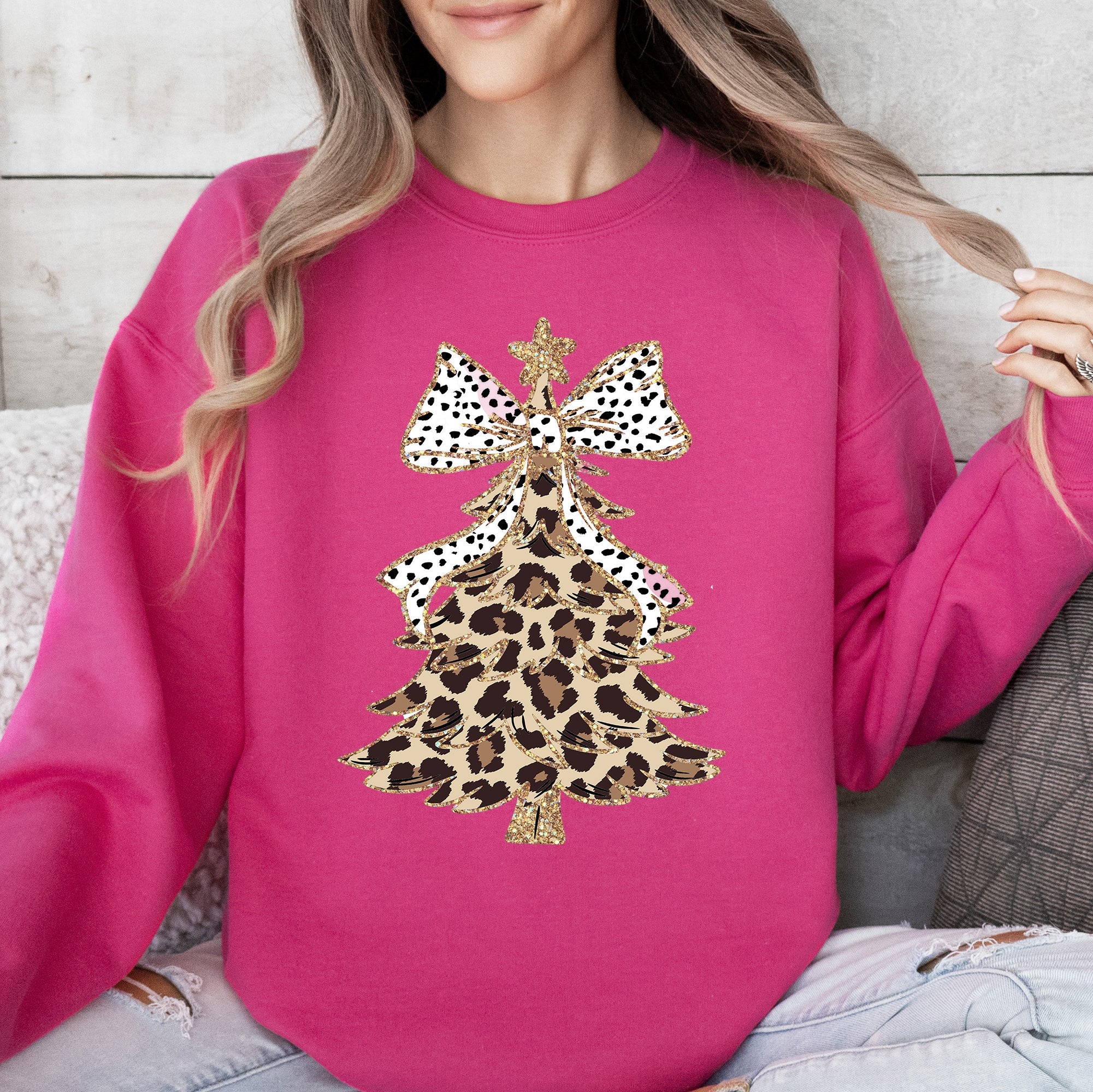 Leopard Print Christmas Tree Santa Dalmatian Bow Cute Girly Festive Cozy Seasonal Sweatshirt