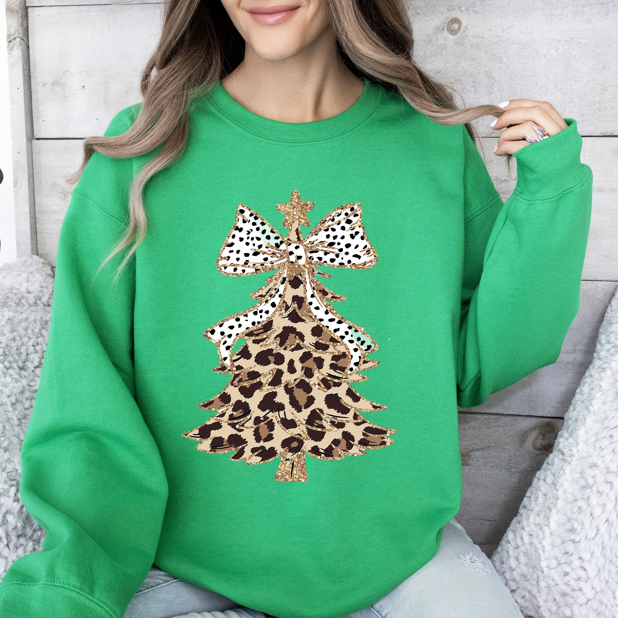 Leopard Print Christmas Tree Santa Dalmatian Bow Cute Girly Festive Cozy Seasonal Sweatshirt