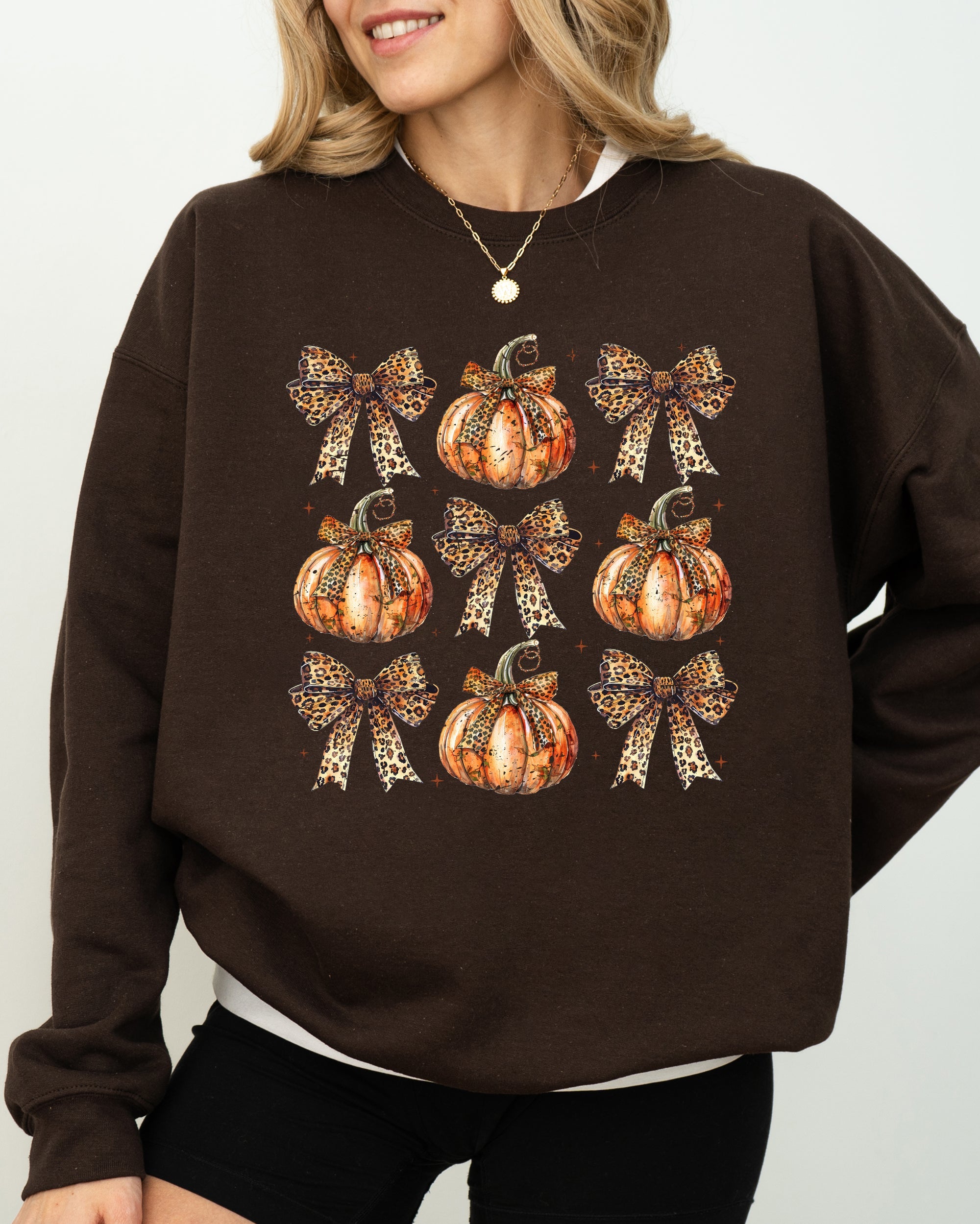 Leopard Print Pumpkins With Coquette Ribbons And Bows Halloween Autumn Sweatshirt