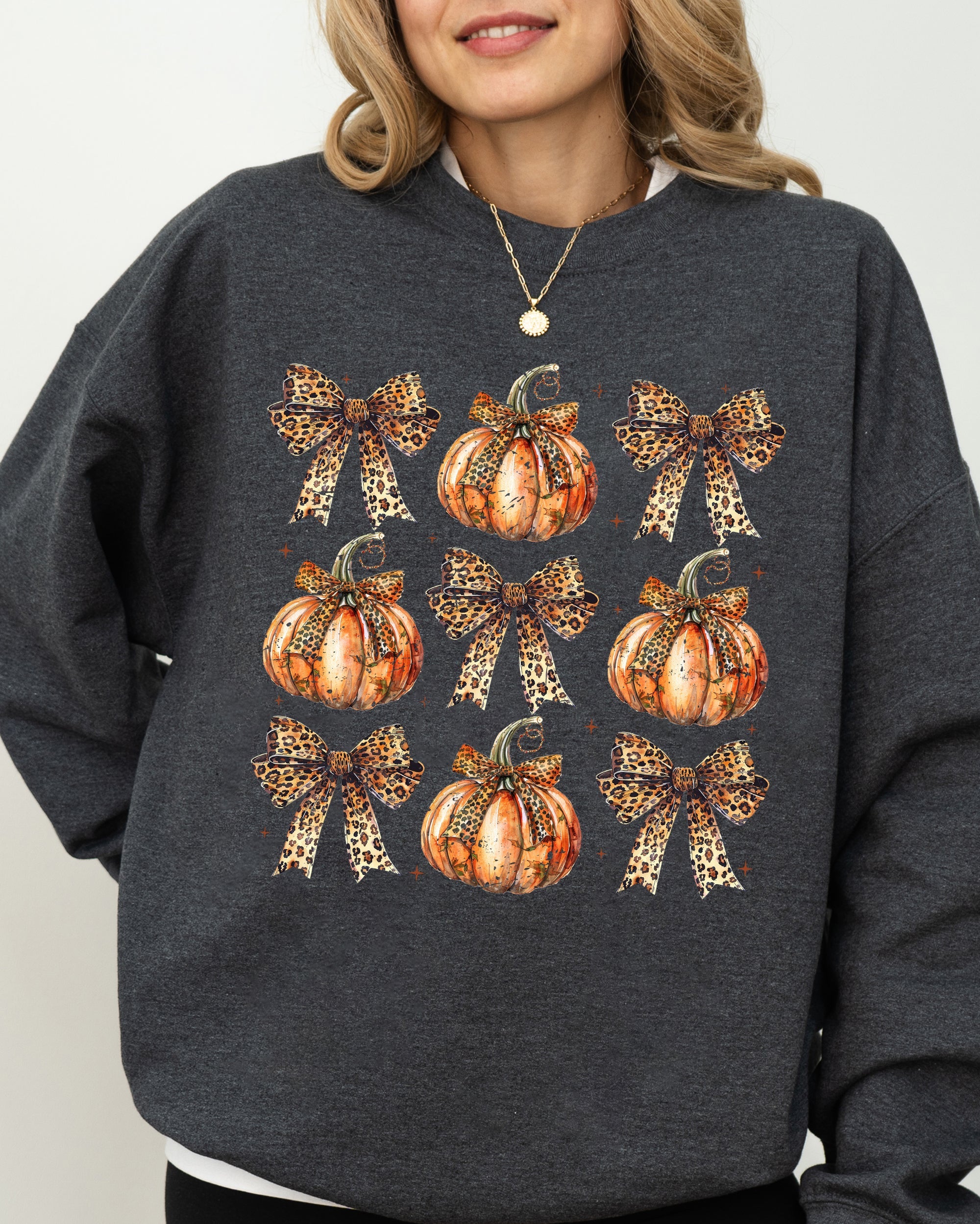 Leopard Print Pumpkins With Coquette Ribbons And Bows Halloween Autumn Sweatshirt