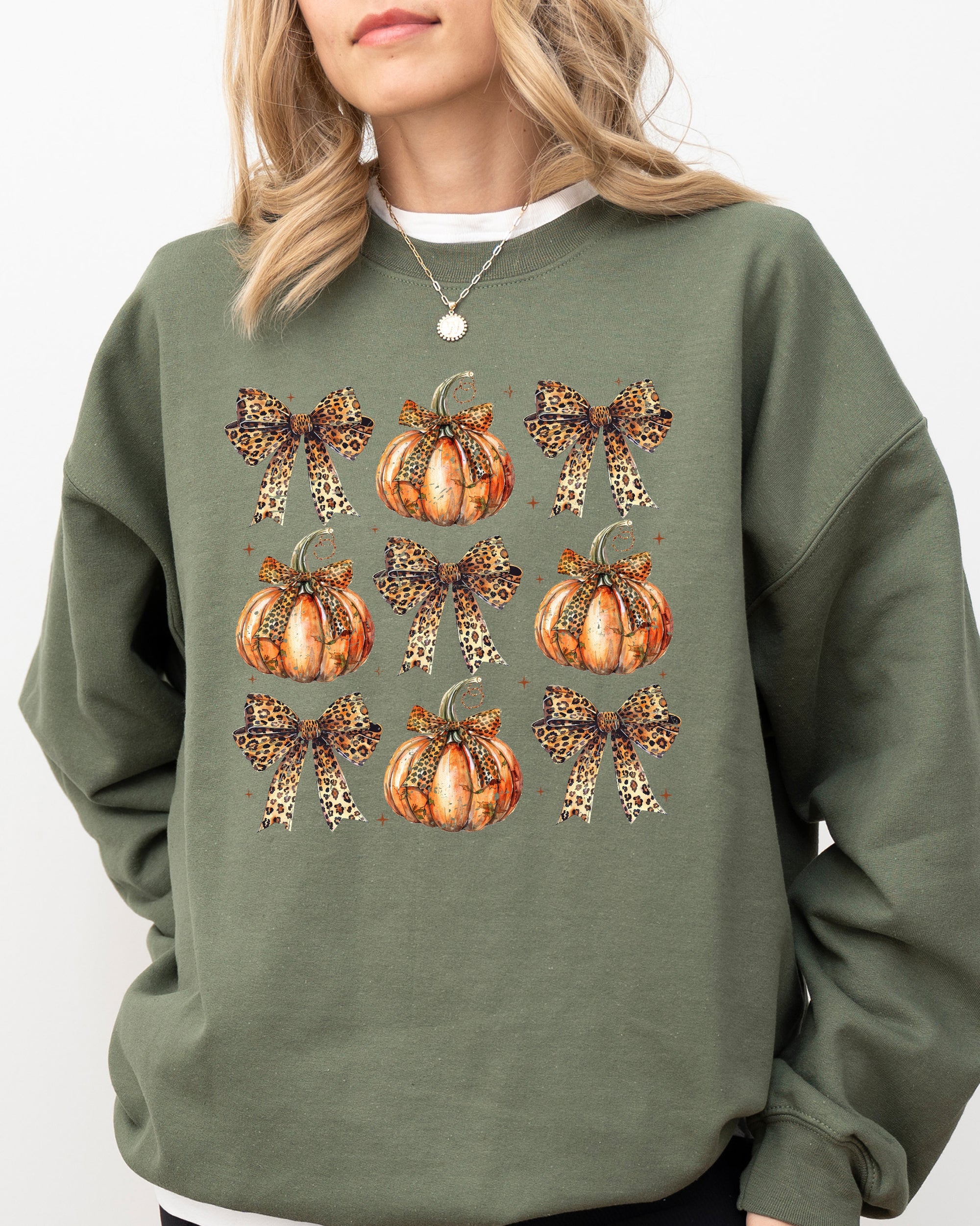 Leopard Print Pumpkins With Coquette Ribbons And Bows Halloween Autumn Sweatshirt