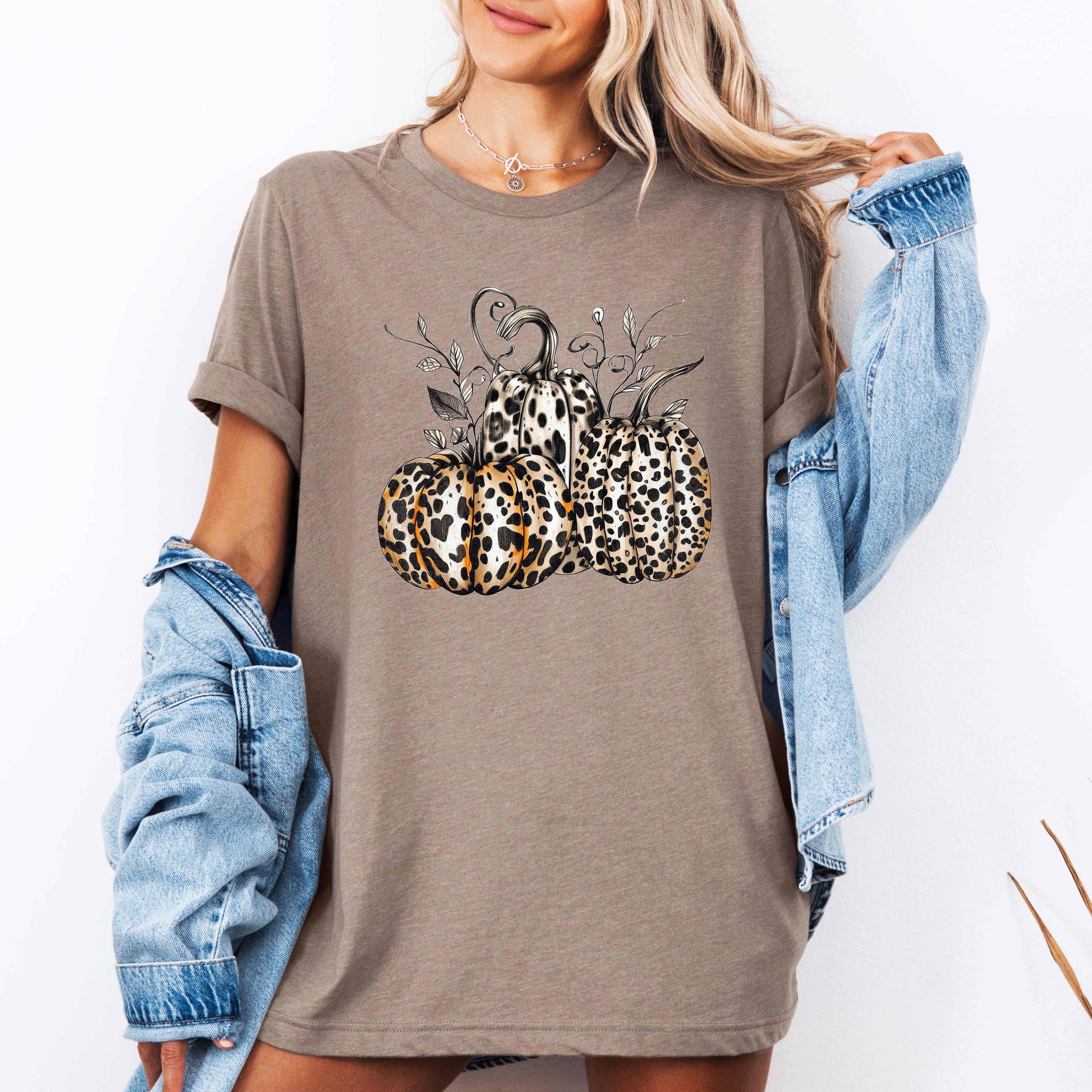 Leopard Print Pumpkins Graphic Tee For Halloween And Autumn Fashion, Cozy Fall Wardrobe Essential
