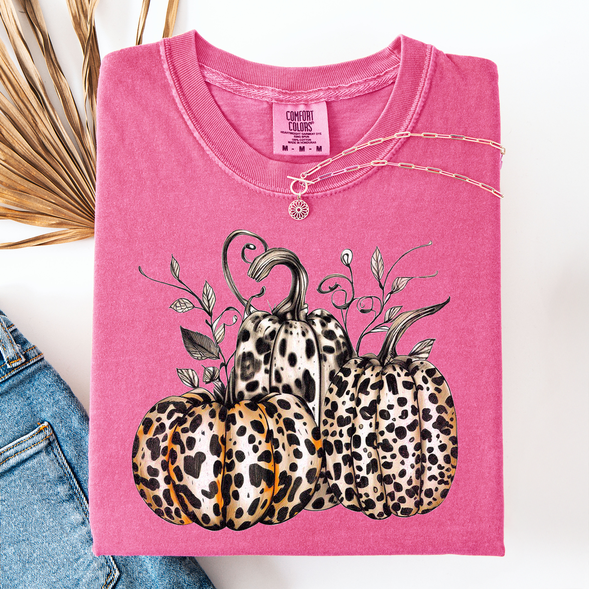 Leopard Print Pumpkins Watercolor Bouquet Autumn Halloween Scene Comfort Colors Tee
