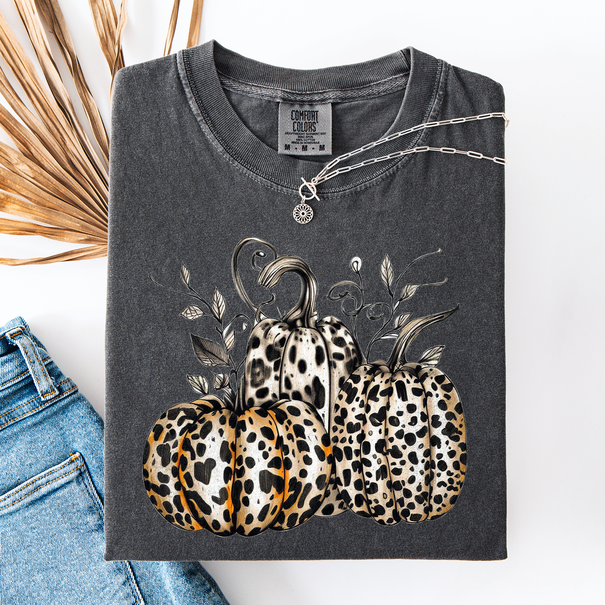Leopard Print Pumpkins Watercolor Bouquet Autumn Halloween Scene Comfort Colors Tee