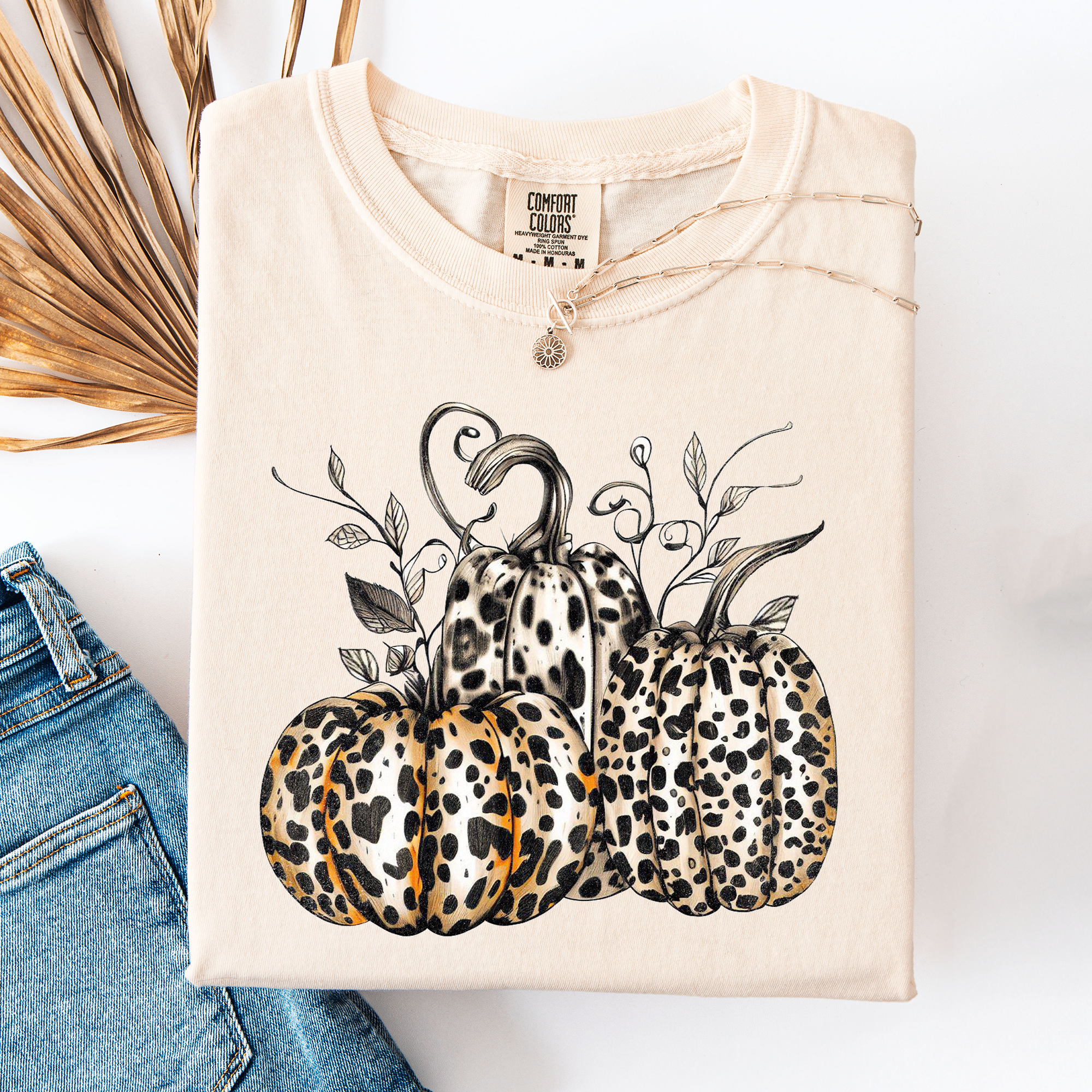 Leopard Print Pumpkins Watercolor Bouquet Autumn Halloween Scene Comfort Colors Tee