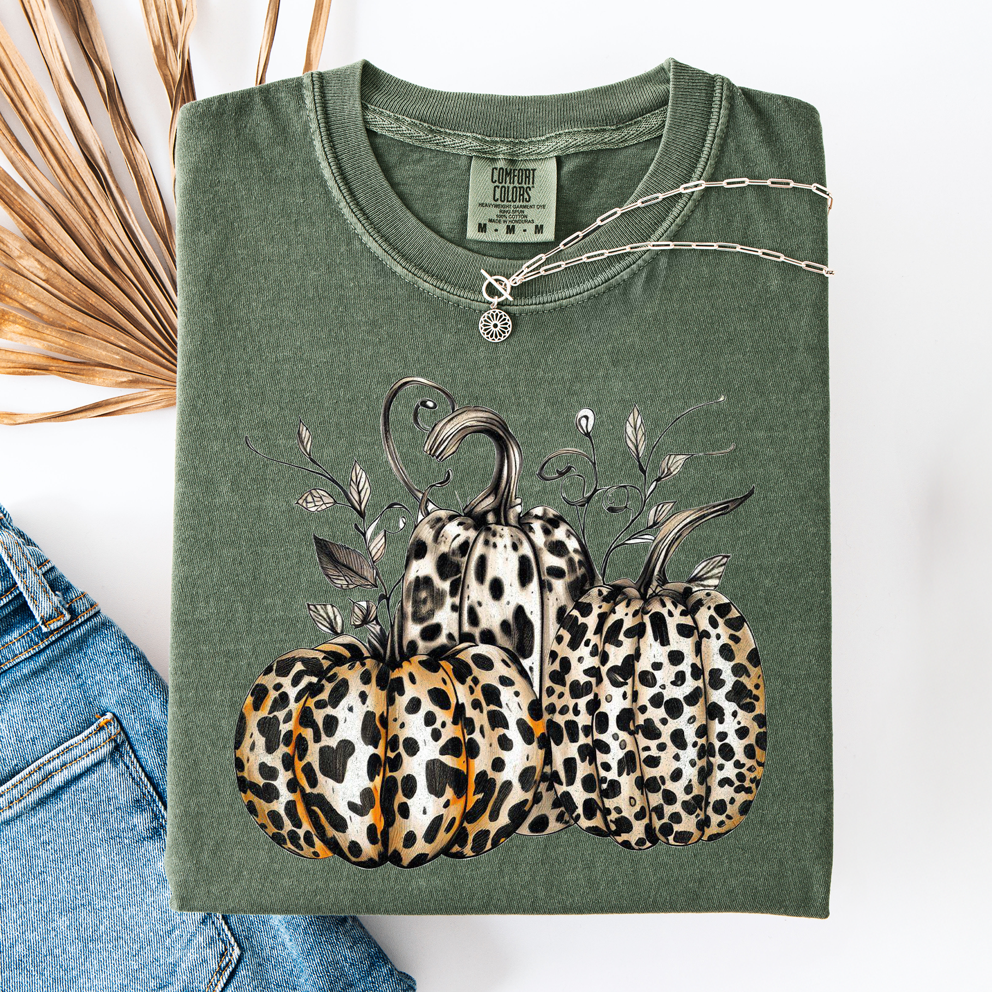 Leopard Print Pumpkins Watercolor Bouquet Autumn Halloween Scene Comfort Colors Tee