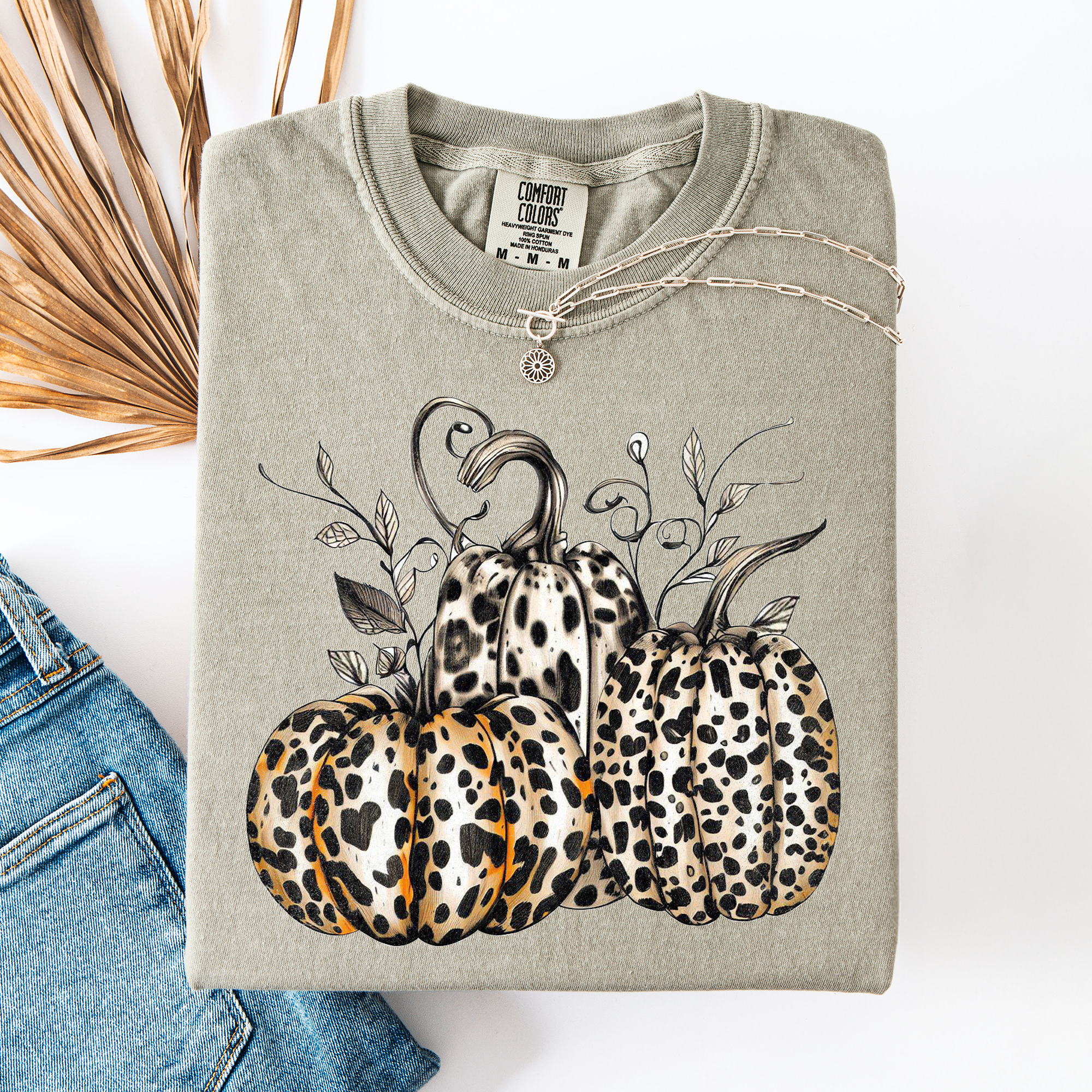 Leopard Print Pumpkins Watercolor Bouquet Autumn Halloween Scene Comfort Colors Tee