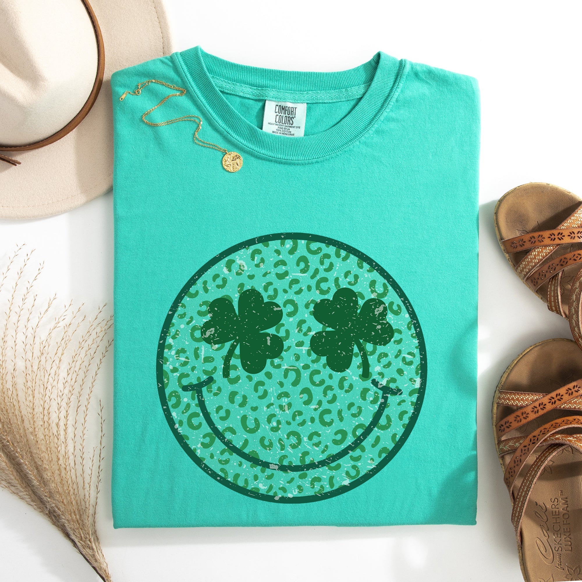 Leopard Print Smiley Retro St Patrick's Day Shamrock Clover Lucky Leprechaun Comfort Colors Tee