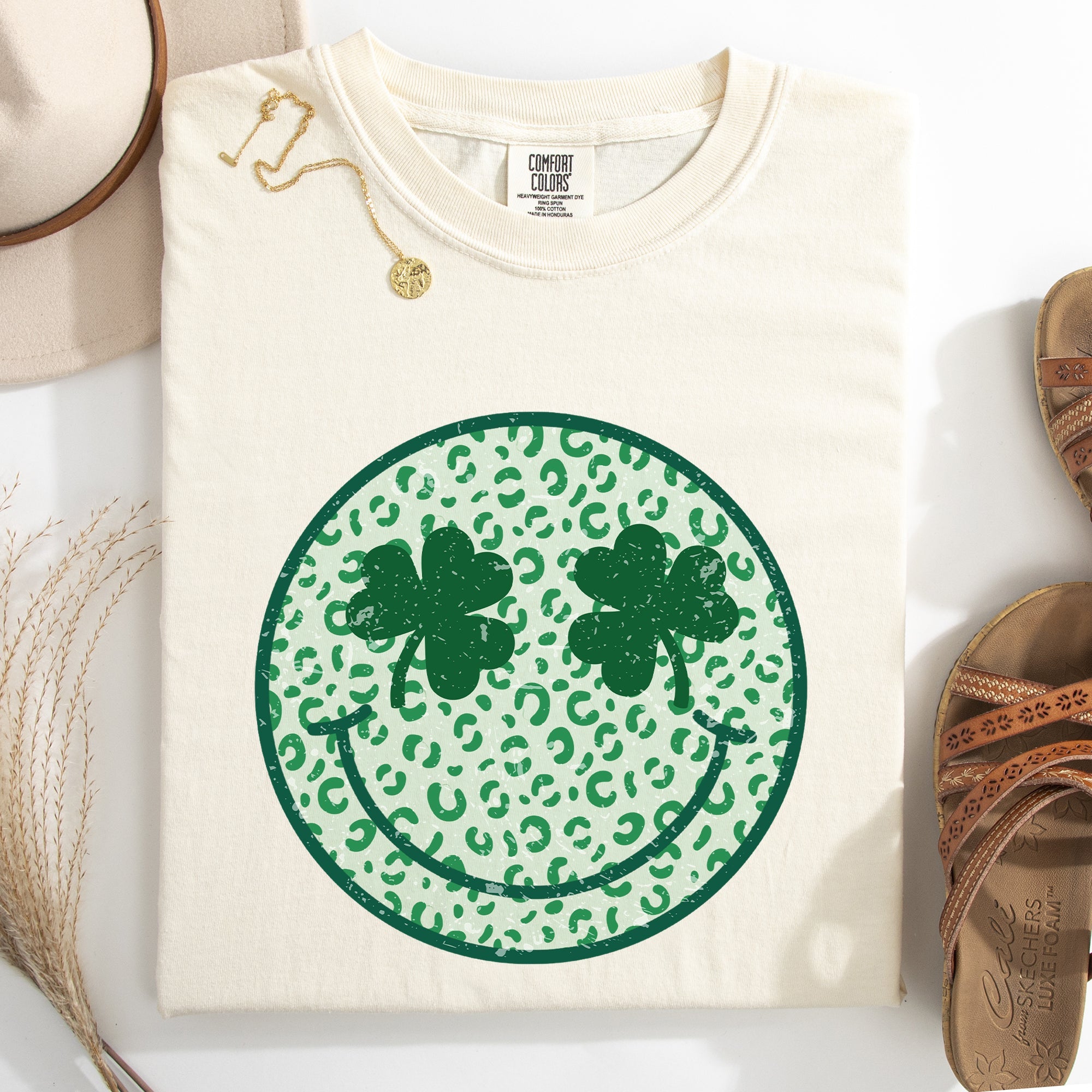 Leopard Print Smiley Retro St Patrick's Day Shamrock Clover Lucky Leprechaun Comfort Colors Tee