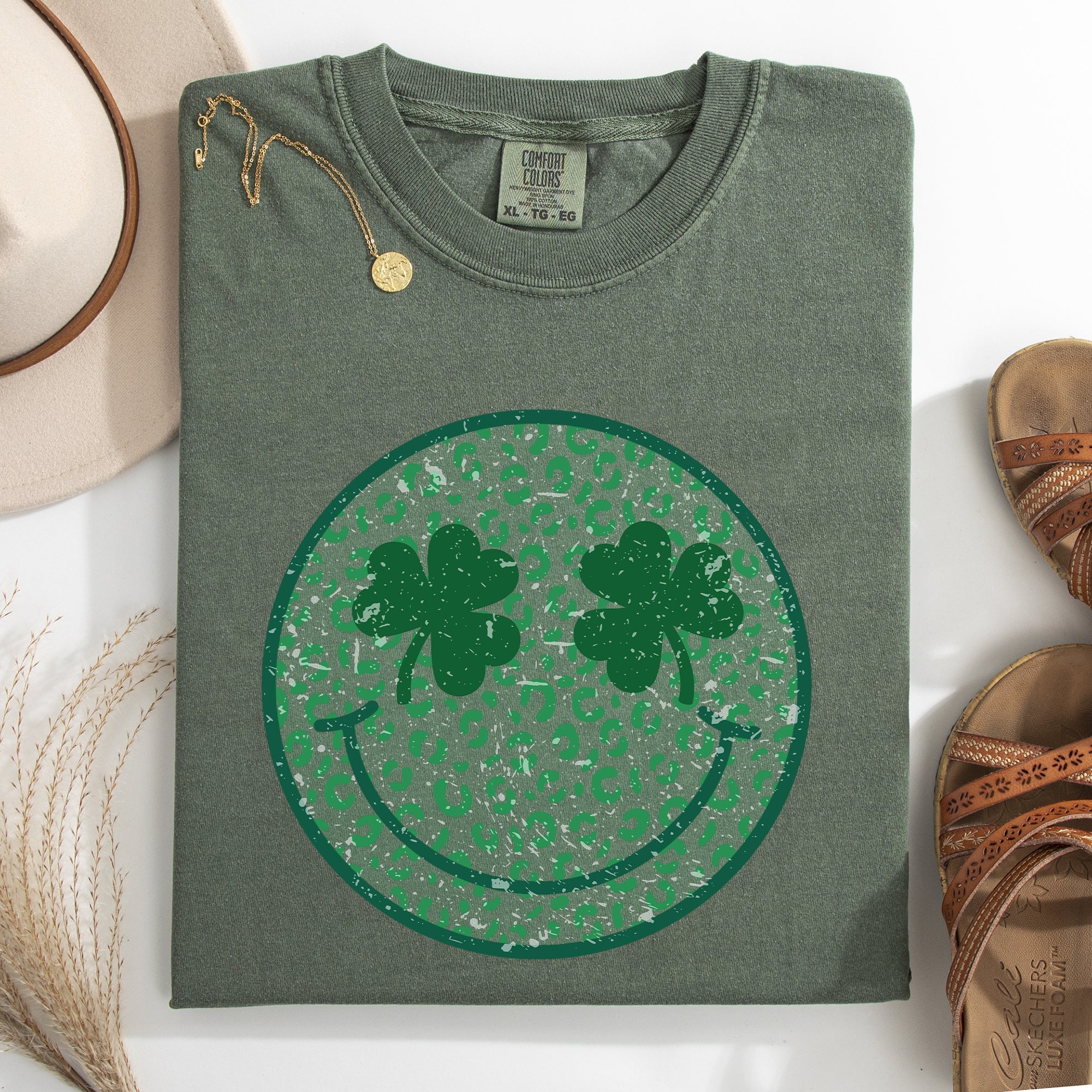 Leopard Print Smiley Retro St Patrick's Day Shamrock Clover Lucky Leprechaun Comfort Colors Tee
