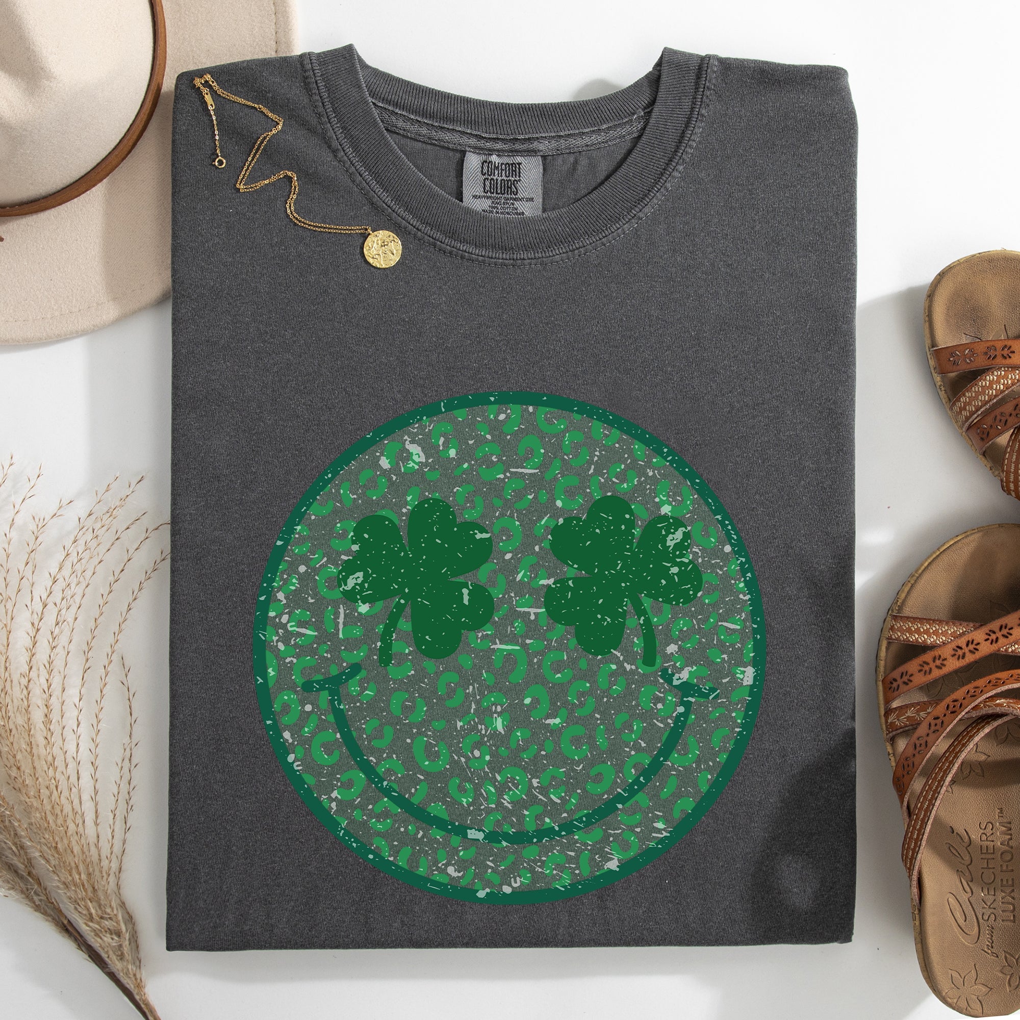 Leopard Print Smiley Retro St Patrick's Day Shamrock Clover Lucky Leprechaun Comfort Colors Tee