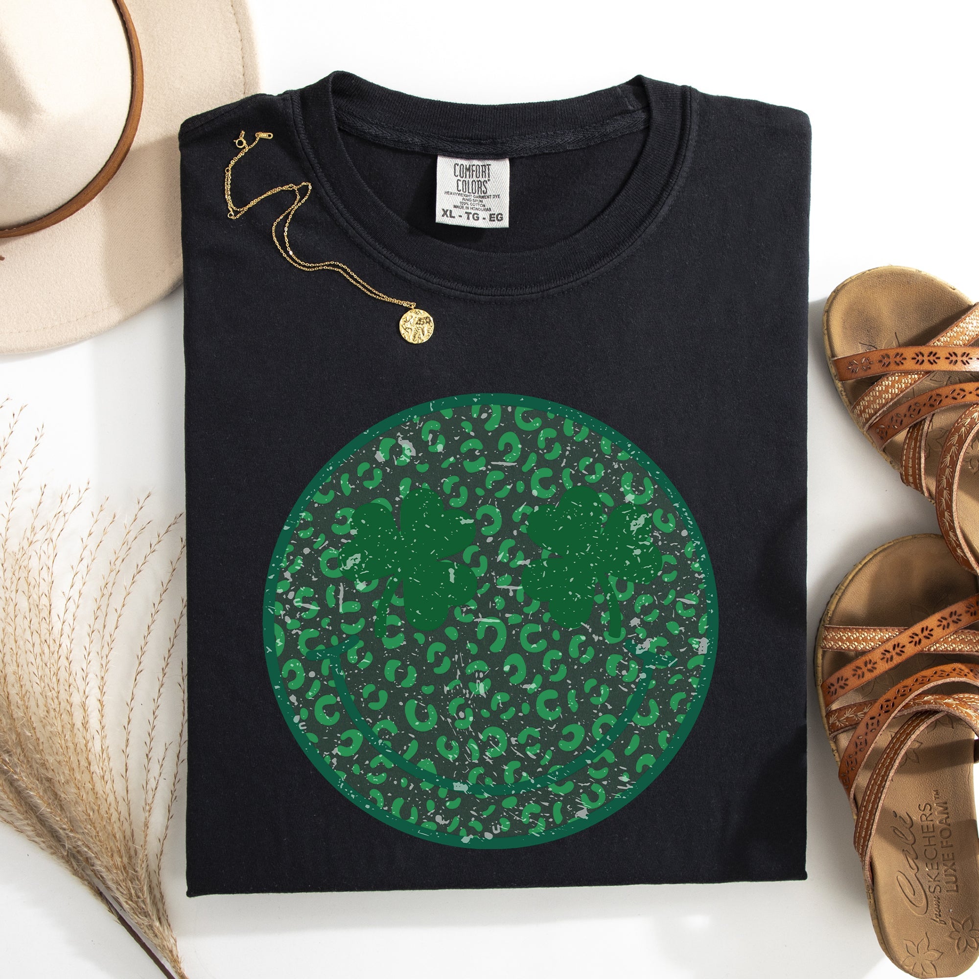 Leopard Print Smiley Retro St Patrick's Day Shamrock Clover Lucky Leprechaun Comfort Colors Tee
