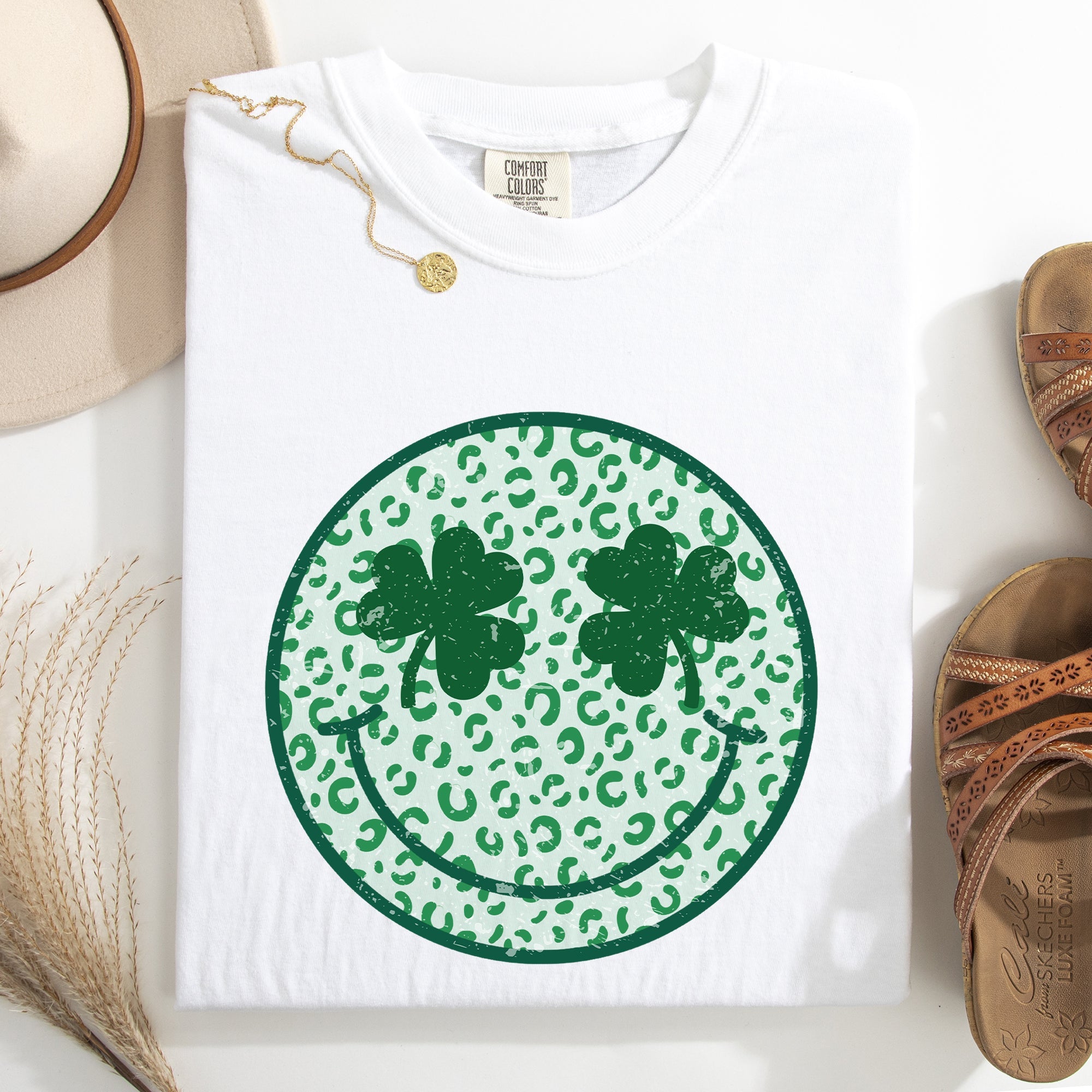 Leopard Print Smiley Retro St Patrick's Day Shamrock Clover Lucky Leprechaun Comfort Colors Tee