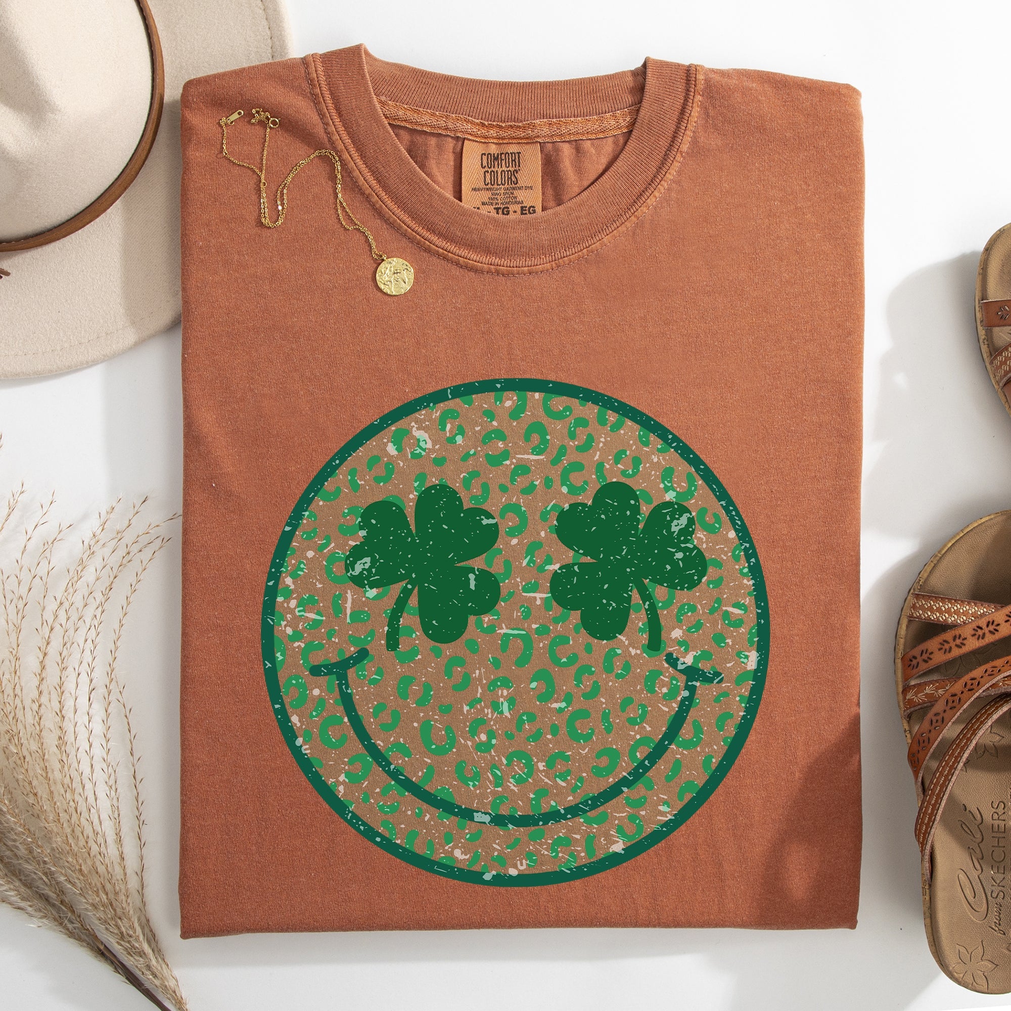 Leopard Print Smiley Retro St Patrick's Day Shamrock Clover Lucky Leprechaun Comfort Colors Tee