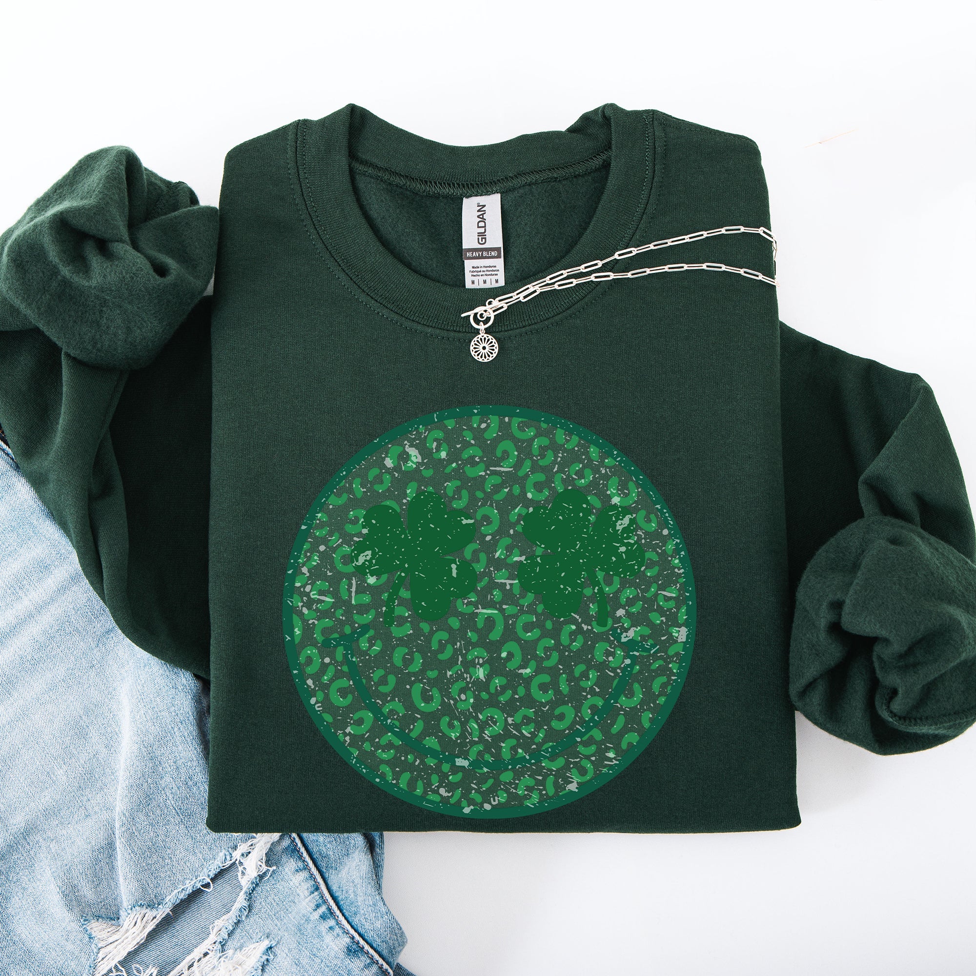 Leopard Print Smiley Retro Shamrock Clover Lucky Leprechaun St Patrick's Day Sweatshirt