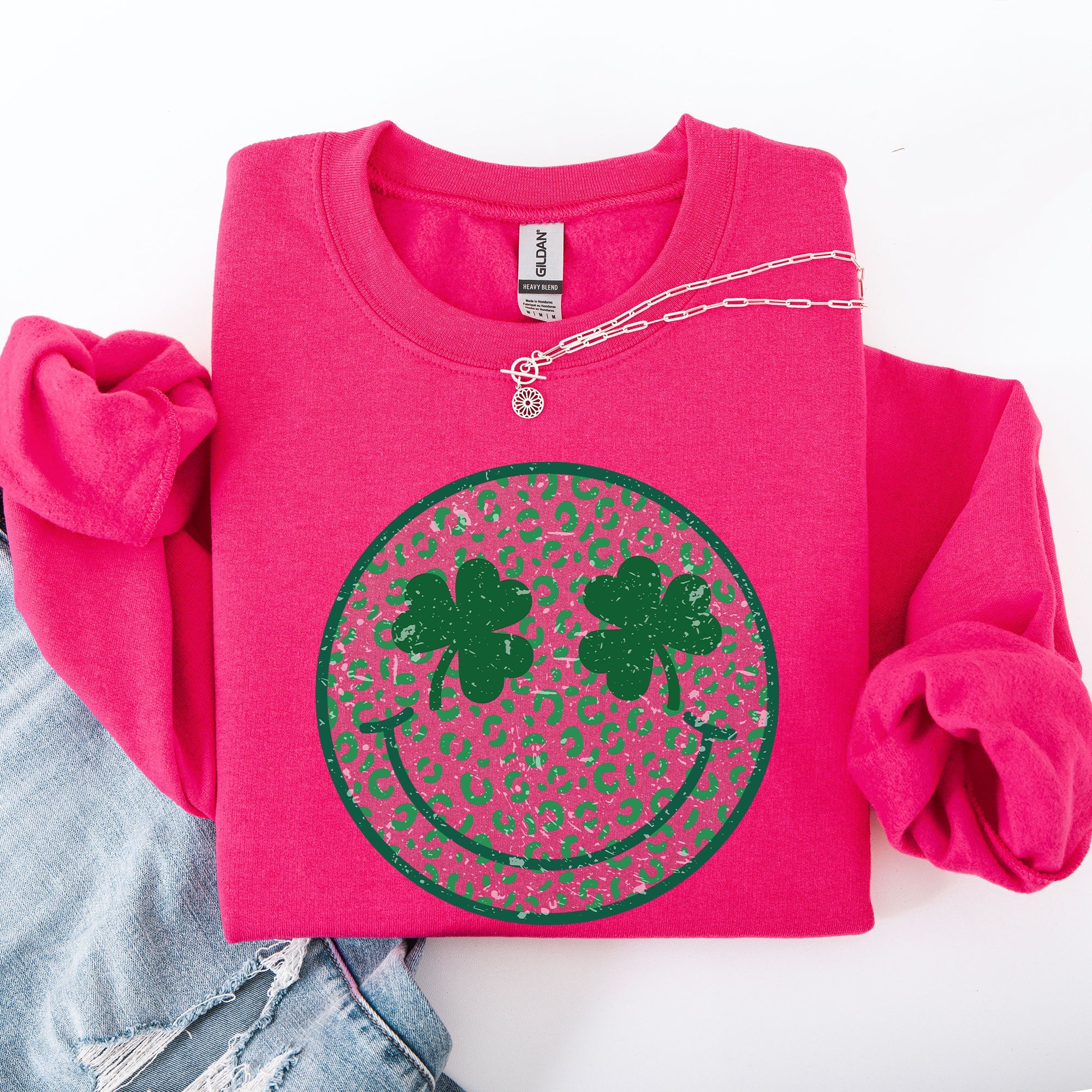 Leopard Print Smiley Retro Shamrock Clover Lucky Leprechaun St Patrick's Day Sweatshirt