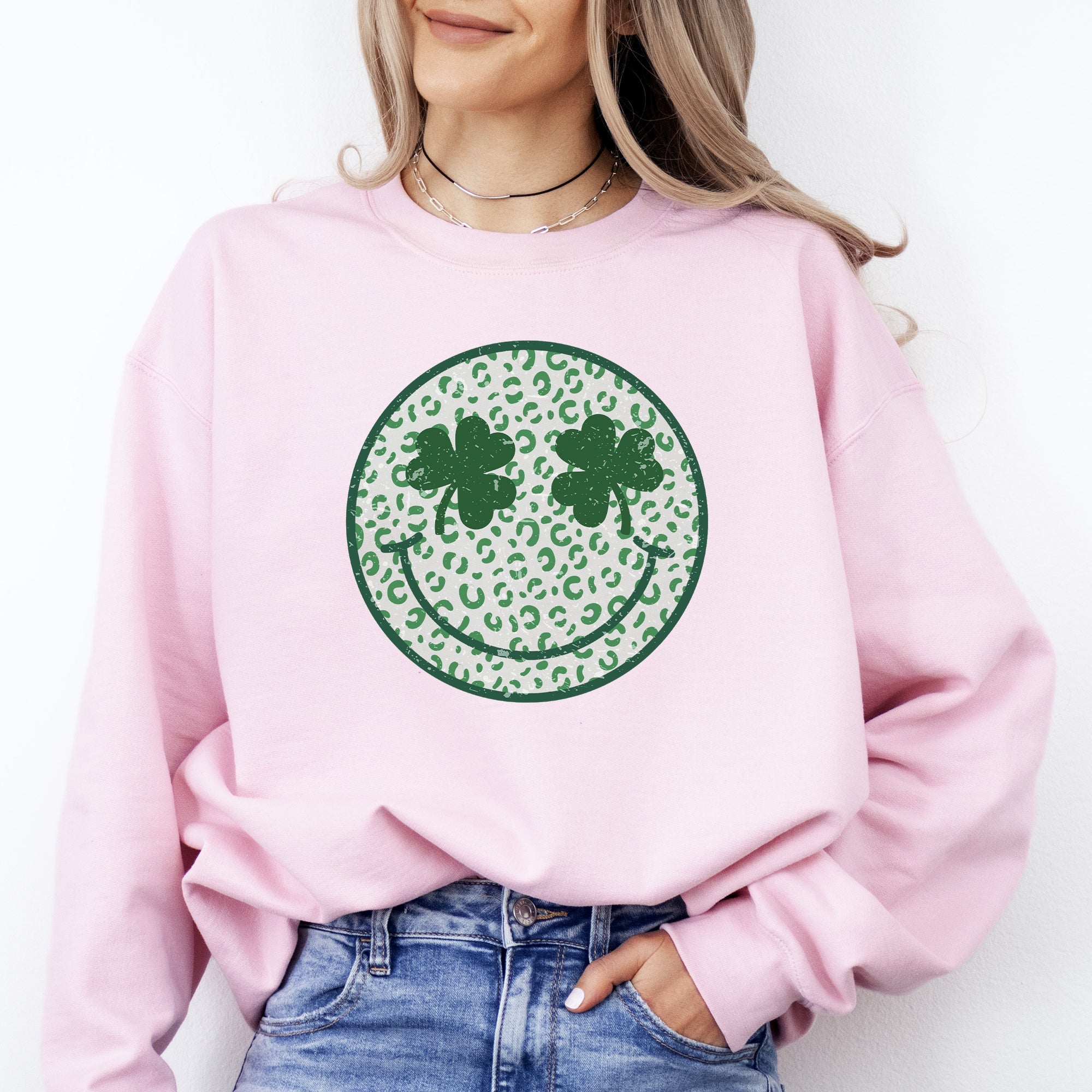 Leopard Print Smiley Retro Shamrock Clover Lucky Leprechaun St Patrick's Day Sweatshirt