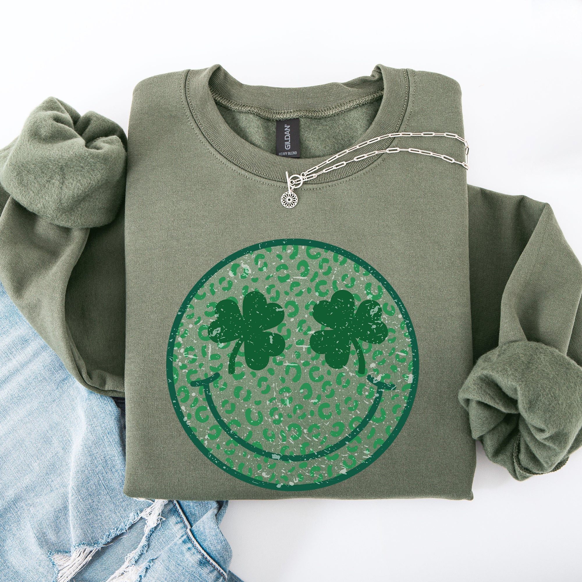 Leopard Print Smiley Retro Shamrock Clover Lucky Leprechaun St Patrick's Day Sweatshirt