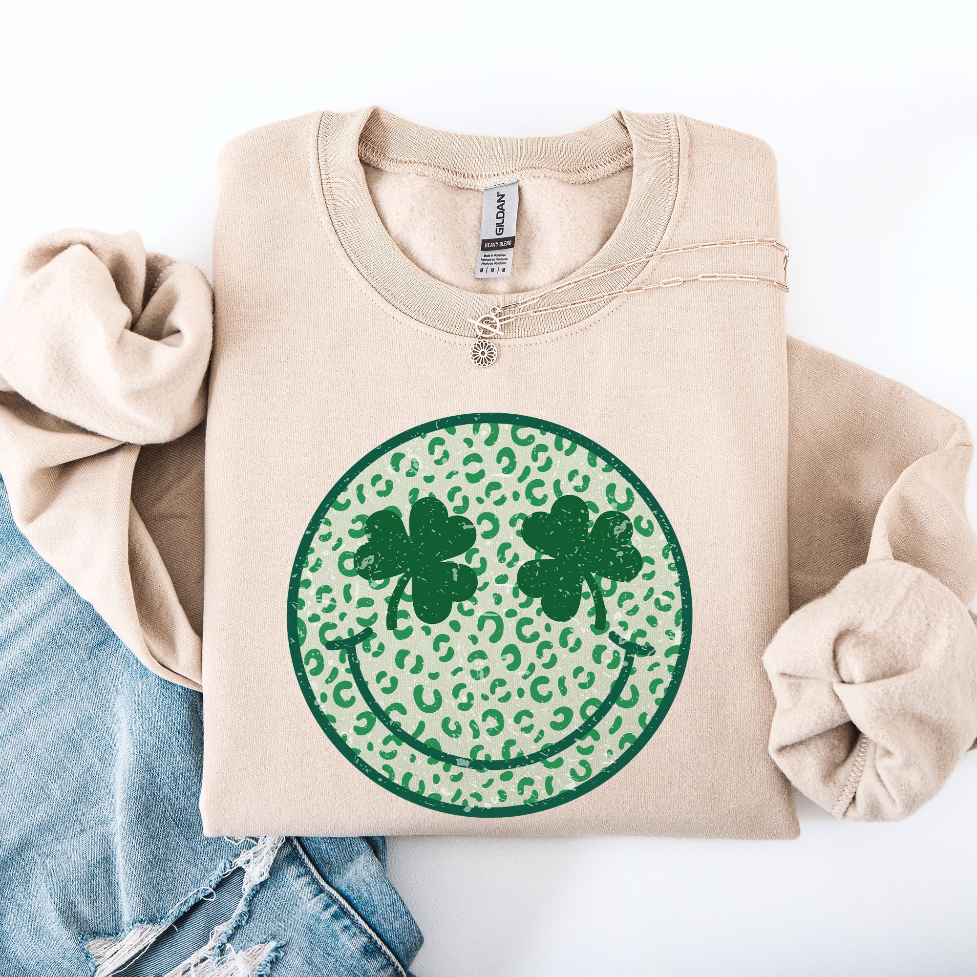 Leopard Print Smiley Retro Shamrock Clover Lucky Leprechaun St Patrick's Day Sweatshirt